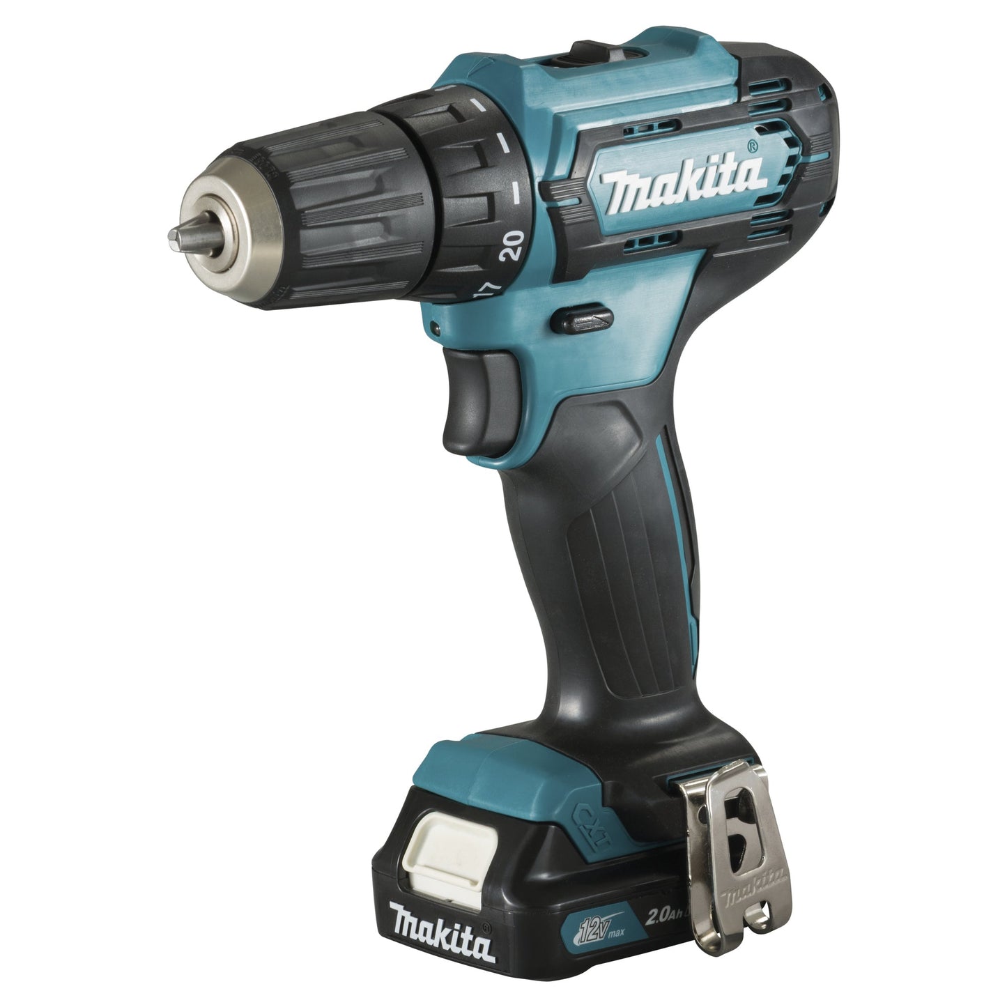 Makita® Akkubohrschrauber DF333D 1.700 U/Min. Akku Li-Ion 12V inkl. Schraube M4x12, 2 x Akku BL1021B, Einhängebügel, Schnellladegerät DC10SB, Kontaktschutzkappe, Doppelbit PH2, Transportkoffer