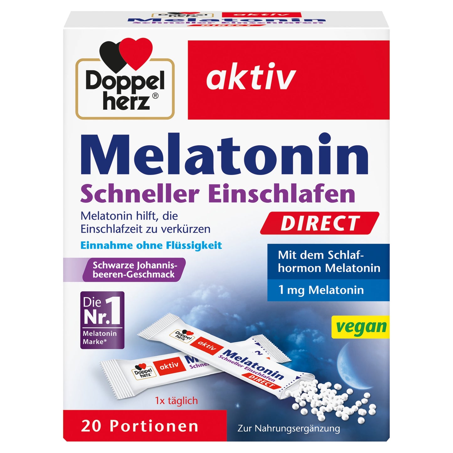 Doppelherz Nahrungsergänzungsmittel aktiv Melatonin Schneller Einschlafen DIRECT Schwarze Johannisbeere Granulat 20 St./Pack.