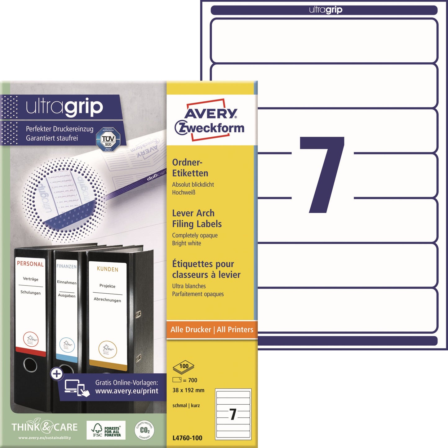 Avery Zweckform Ordnerrückenetikett ultragrip schmal/kurz 38 x 192 mm (B x H) selbstklebend ohne Griffloch weiß 700 Etik./Pack.
