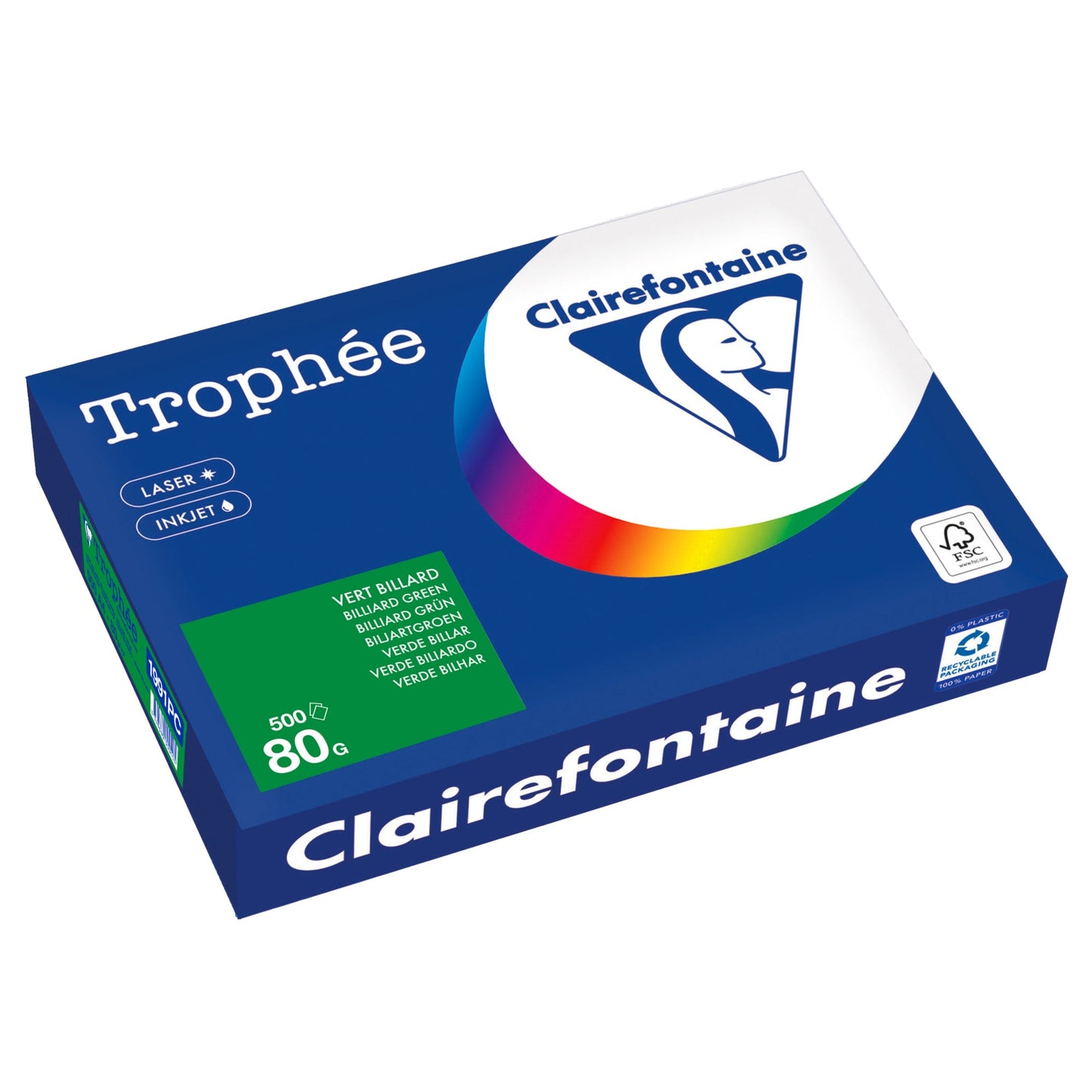 Clairefontaine Kopierpapier Trophée Color DIN A4 80g/m² elementar chlorfrei gebleicht, holzfrei billardgrün 500 Bl./Pack.