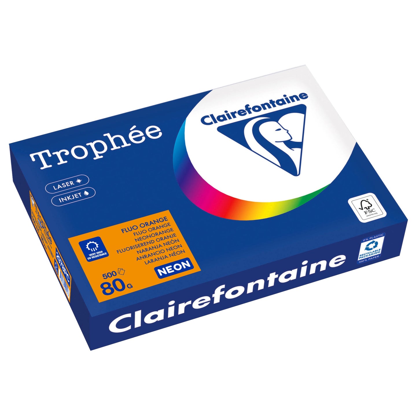 Clairefontaine Kopierpapier Trophée Color DIN A4 80g/m² elementar chlorfrei gebleicht, holzfrei neonorange 500 Bl./Pack.