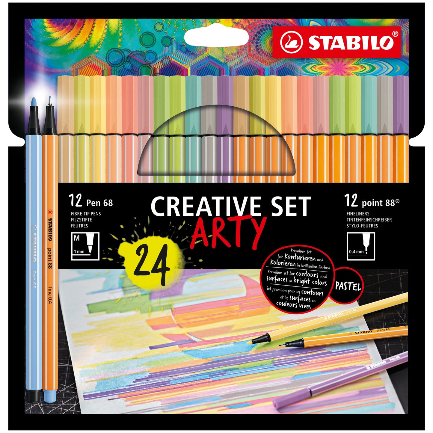 STABILO® Schreibgeräteset CREATIVE SET ARTY 12 x STABILO® Pen 68, 12 x STABILO® point 88® 1 mm, 0,4mm farbig sortiert 24 St./Pack.
