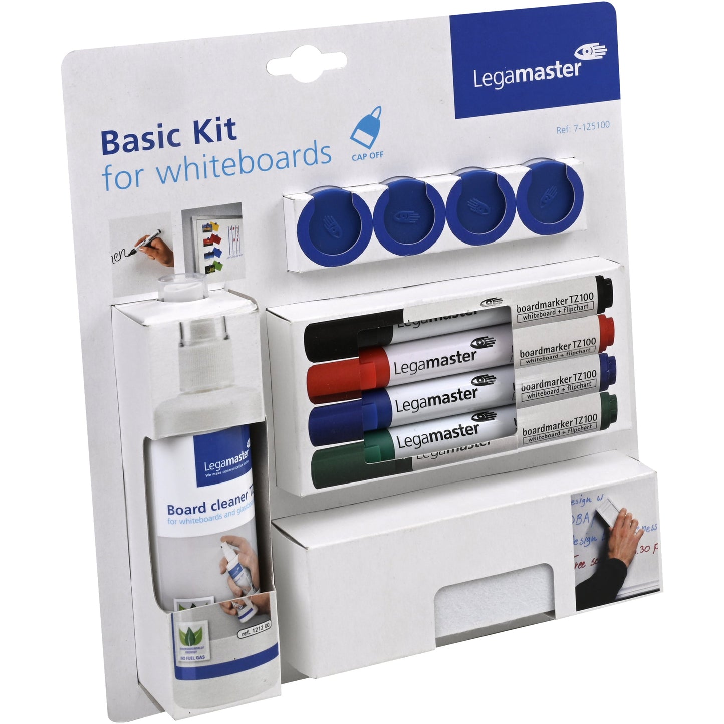 Legamaster Starterset Whiteboard Basic Kit 4 Boardmarker TZ100 (schwarz, rot, blau, grün), 1 Whiteboardlöscher, 1 Whiteboardreiniger 125 ml, 4 Haftmagnete Ø 30 mm