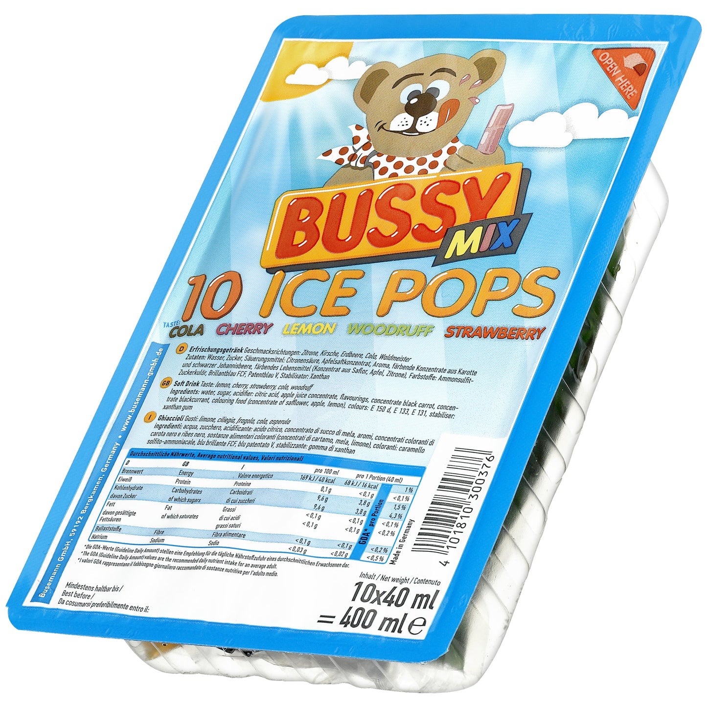 BUSSY Wassereis Mix Kirsche, Pfirsich, Cola, Zitrone, Waldmeister 10 x 40 ml/Pack.