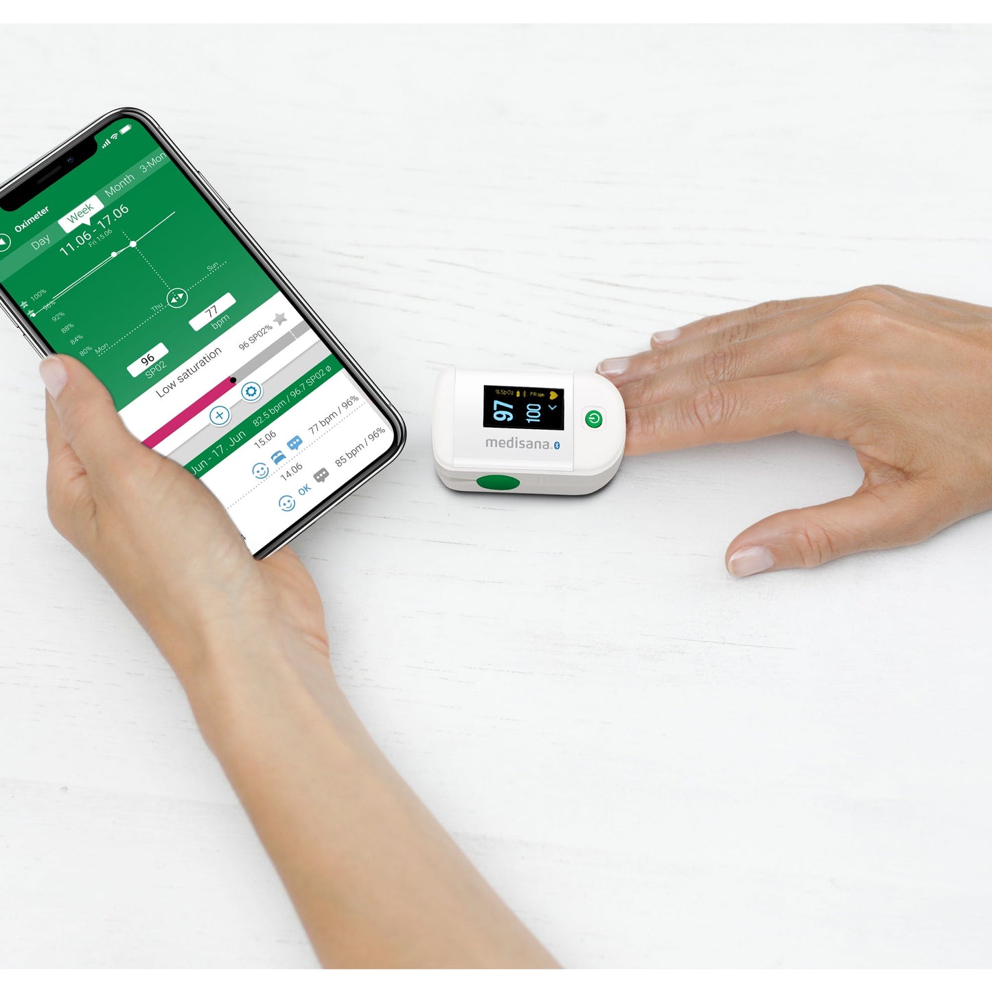 Medisana Pulsoximeter PM 100 connect 5,8 x 3,4 x 3,5 cm (B x H x T) 70-100% 30-235 Schläge/Min.