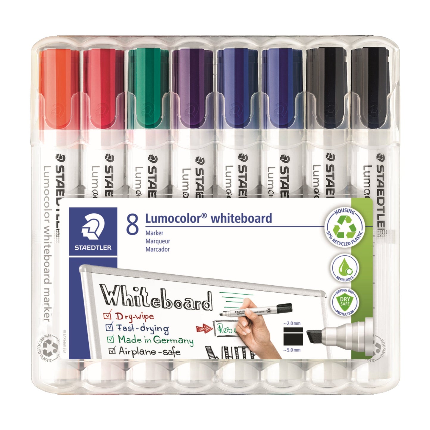 STAEDTLER® Whiteboardmarker Lumocolor® 351 2-5mm je 1 x orange, rot, violett, grün, je 2 x blau, schwarz 8 St./Pack.