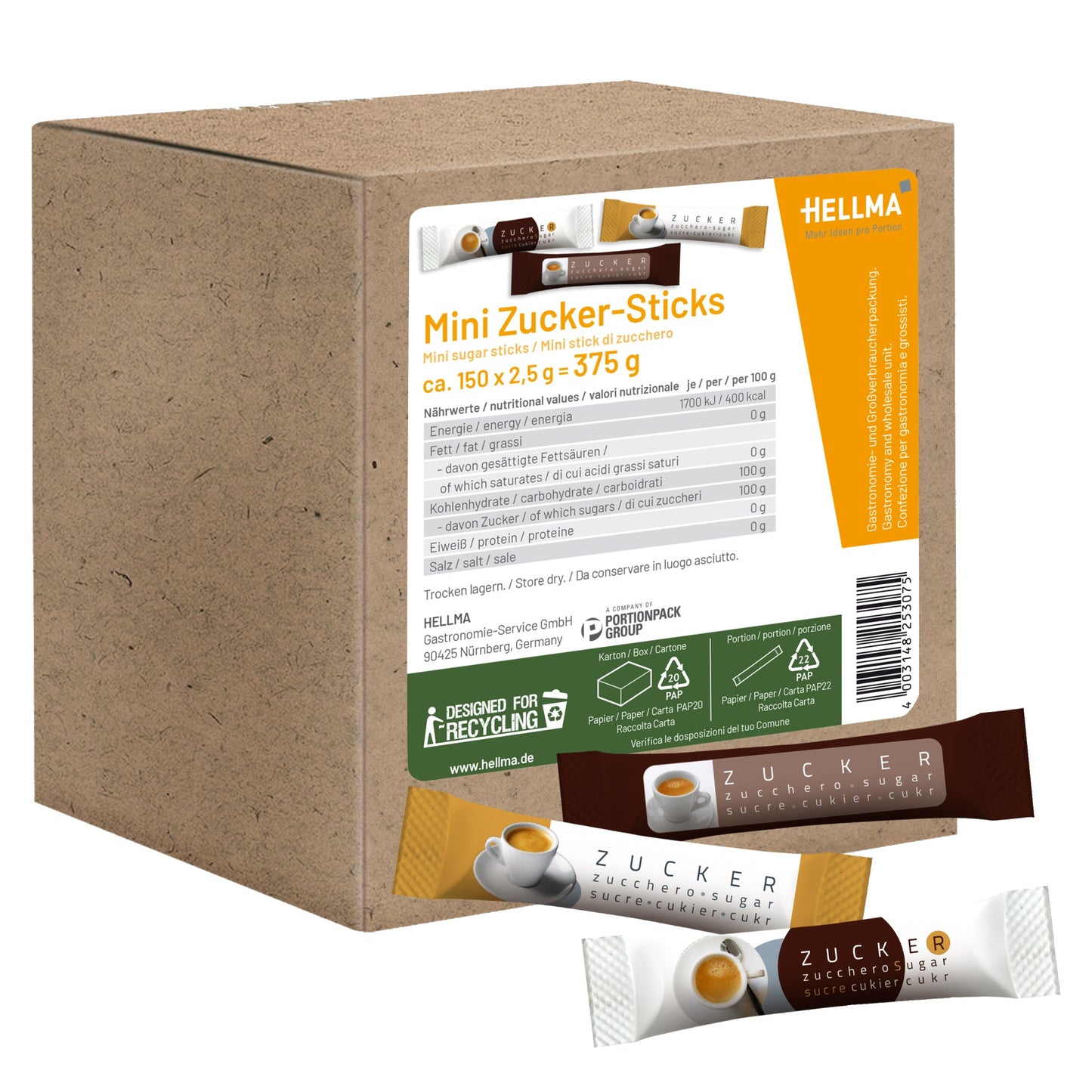 Hellma Zucker Mini Stick 150 x 2,5 g/Pack.