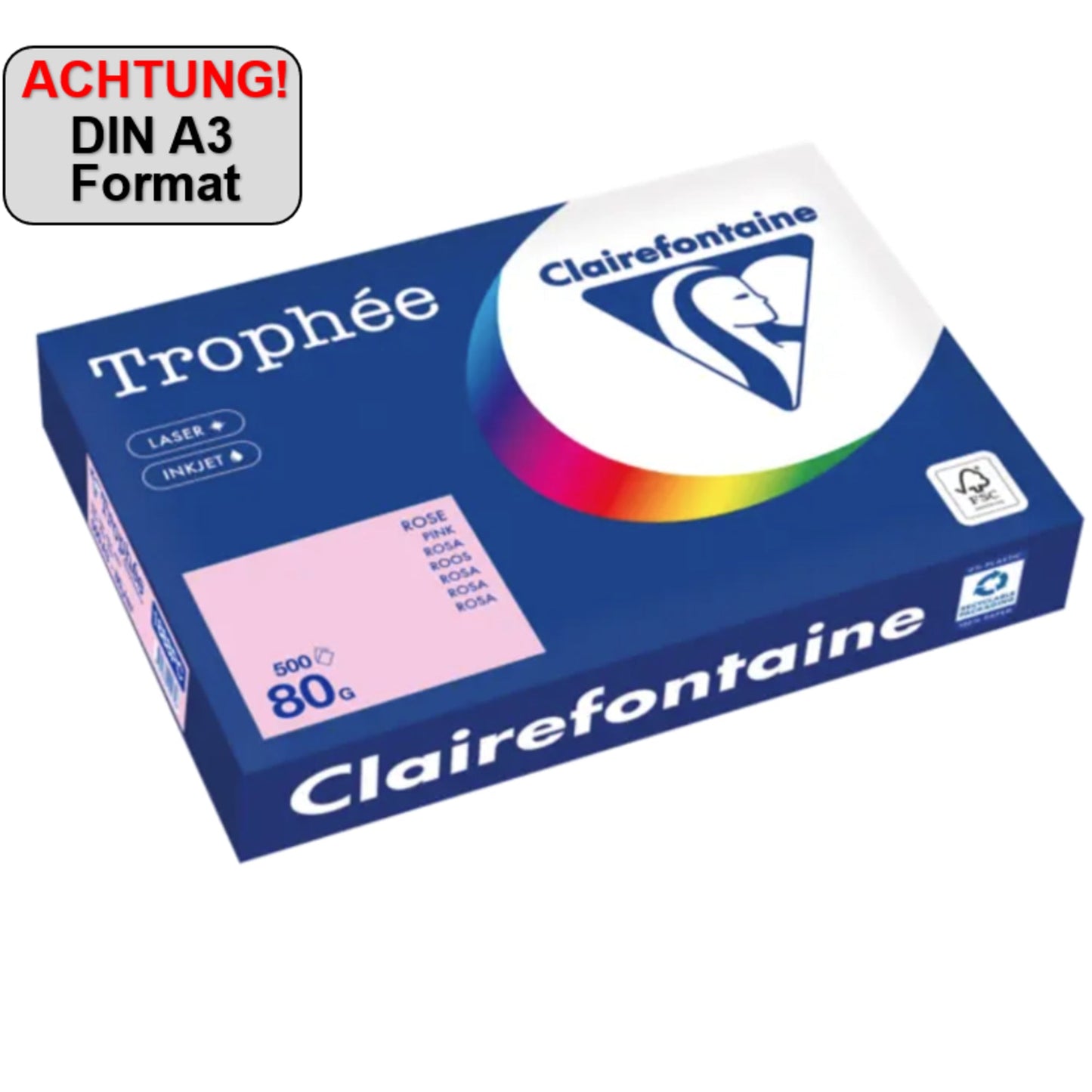 Clairefontaine Kopierpapier Trophée Color DIN A3 80g/m² elementar chlorfrei gebleicht, holzfrei rosa 500 Bl./Pack.
