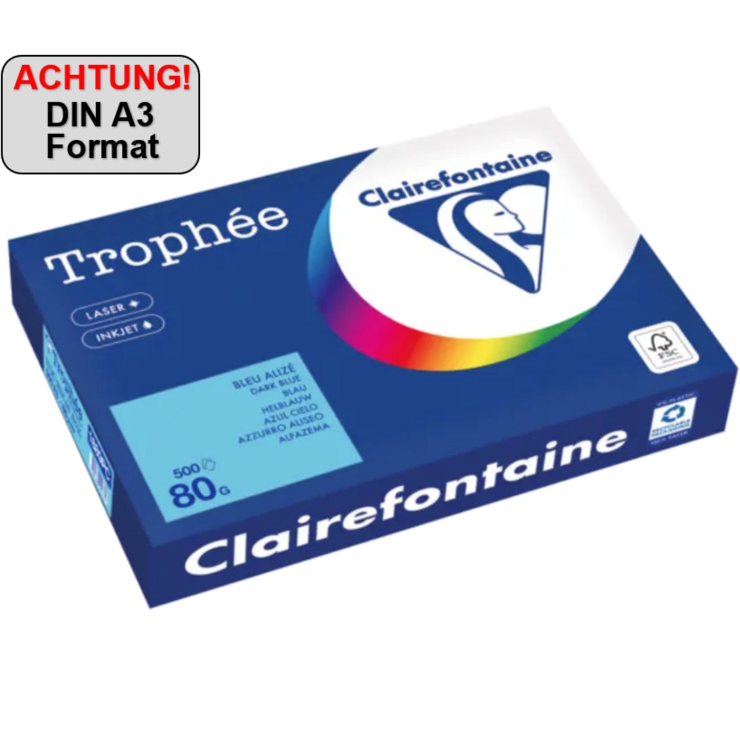Clairefontaine Kopierpapier Trophée Color DIN A3 80g/m² elementar chlorfrei gebleicht, holzfrei blau 500 Bl./Pack.
