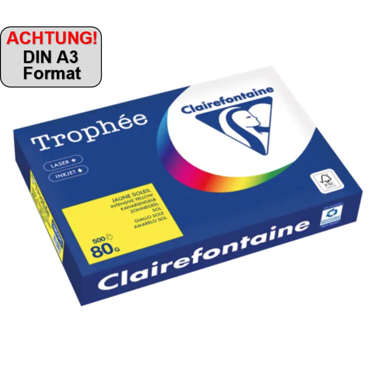 Clairefontaine Kopierpapier Trophée Color DIN A3 80g/m² elementar chlorfrei gebleicht, holzfrei kanariengelb 500 Bl./Pack.
