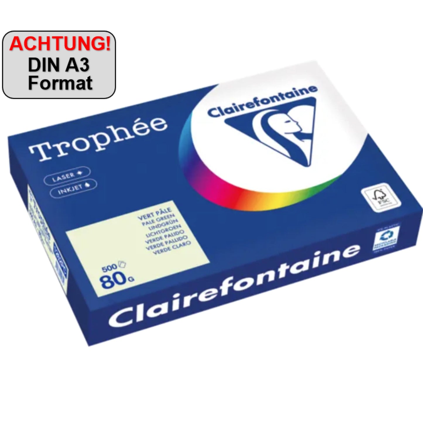Clairefontaine Kopierpapier Trophée Color DIN A3 80g/m² elementar chlorfrei gebleicht, holzfrei lindgrün 500 Bl./Pack.