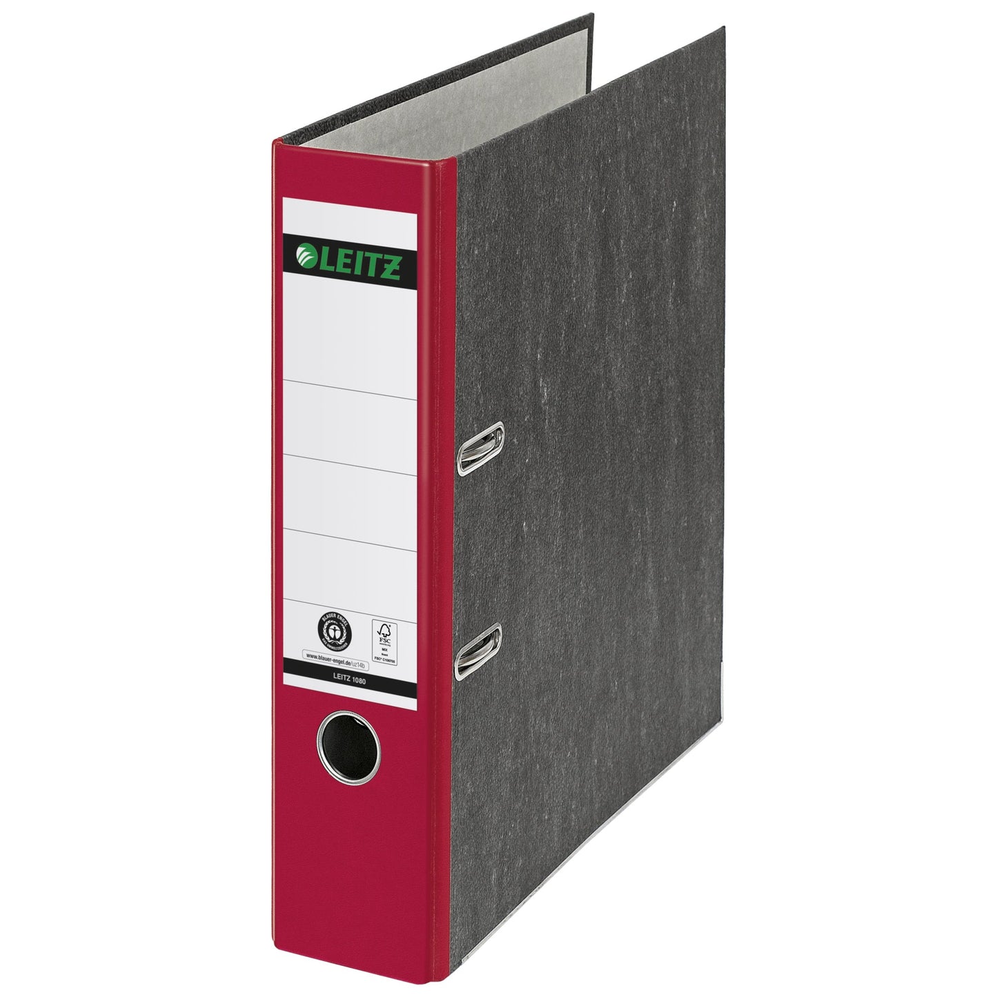 Leitz Ordner 80mm DIN A4 Rückenschild: geklebt mit Schlitzen Werkstoff: Graupappe, recycelt Material außen: Papier, recycelt Material innen: Papier, recycelt rot