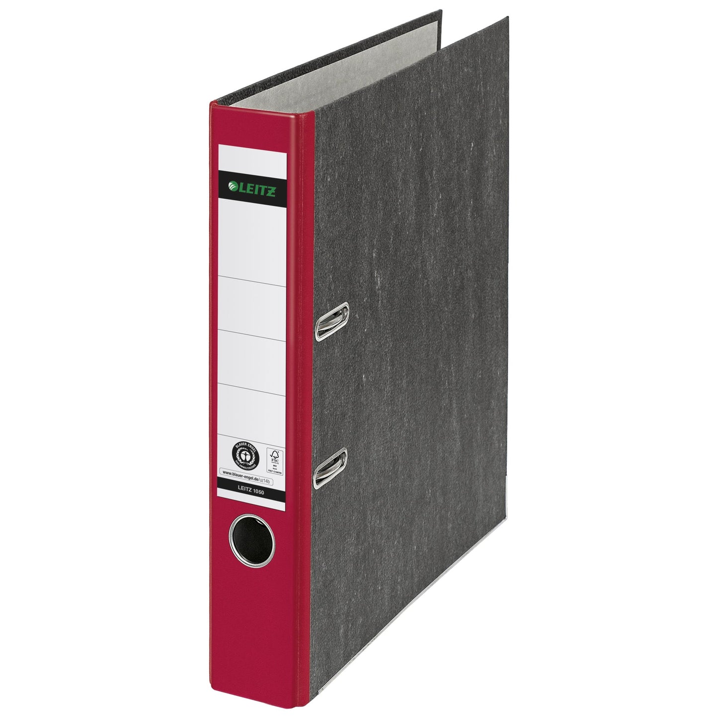 Leitz Ordner 52mm DIN A4 Rückenschild: geklebt mit Schlitzen Werkstoff: Graupappe, recycelt Material außen: Papier, recycelt Material innen: Papier, recycelt rot