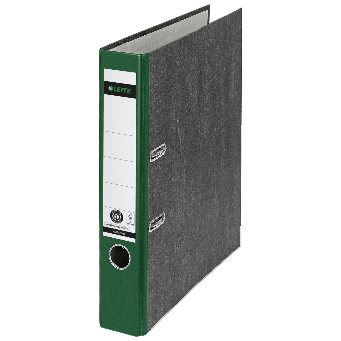 Leitz Ordner 52mm DIN A4 Rückenschild: geklebt mit Schlitzen Werkstoff: Graupappe, recycelt Material außen: Papier, recycelt Material innen: Papier, recycelt grün