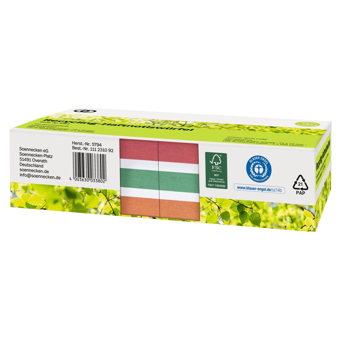 Soennecken Haftnotizwürfel oeco Recycling 75 x 75 mm (B x H) rot, weiß, grün, orange 400 Bl./Block 2 Block/Pack.