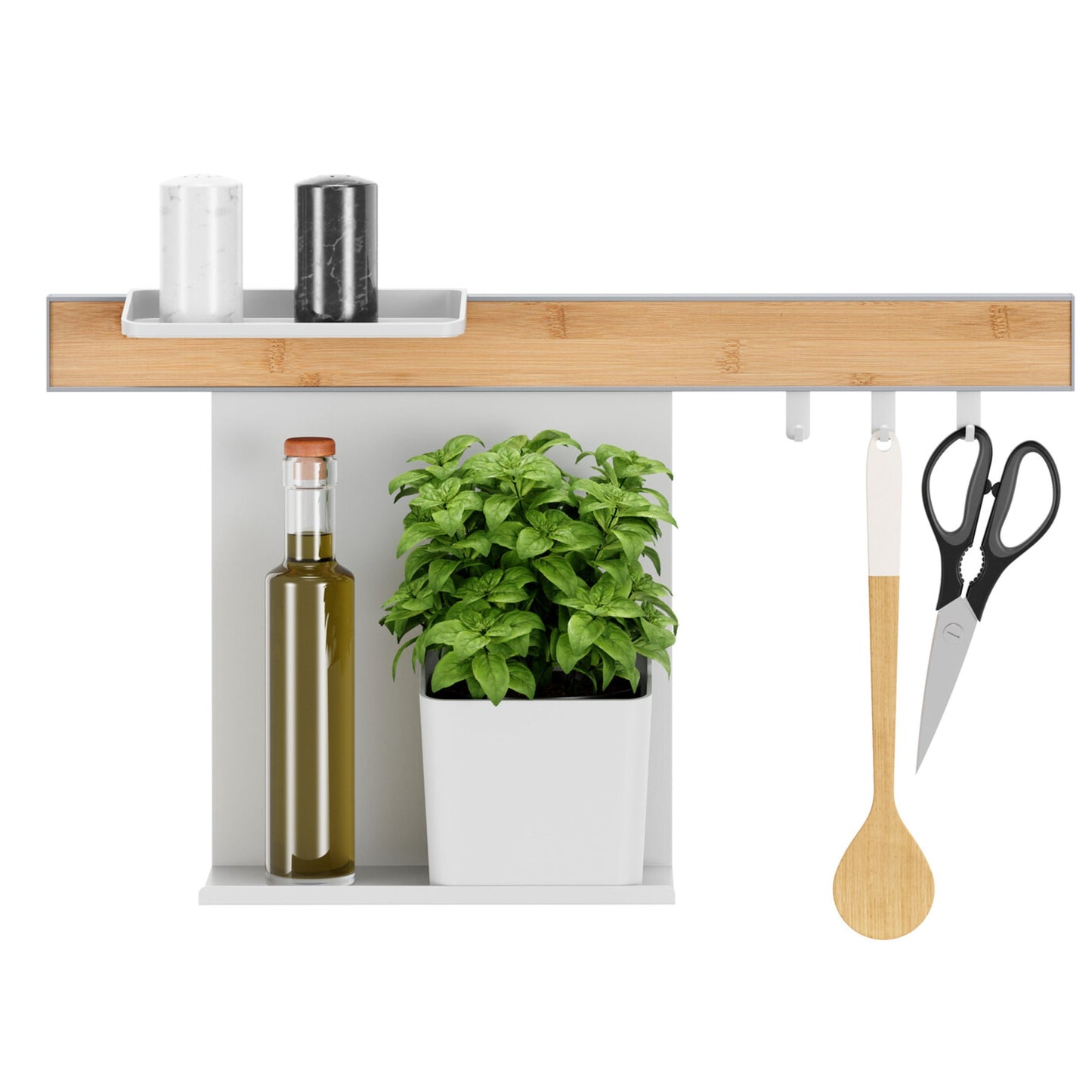 tesa® Küchenorganizer Kombi Set S 60 x 34 x 15 cm (B x H x T) Reling (6 x 60 x 2 cm), Kräutertopf (13,5 x 13,5 x 14 cm), 3 Haken (5 x 1,5 x 2 cm), große Ablage (28,5 x 19,5 x 14 cm), kleine Ablage (2 x 19,5 x 10 cm), Wasserwaage