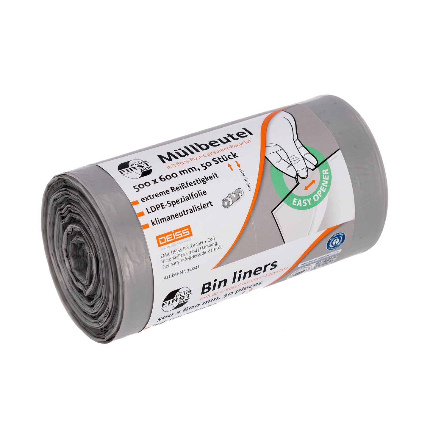 FIRST PLUS Müllbeutel 50 x 60 cm (B x H) 30l LDPE, 80 % recycelt grau 50 St./Pack.