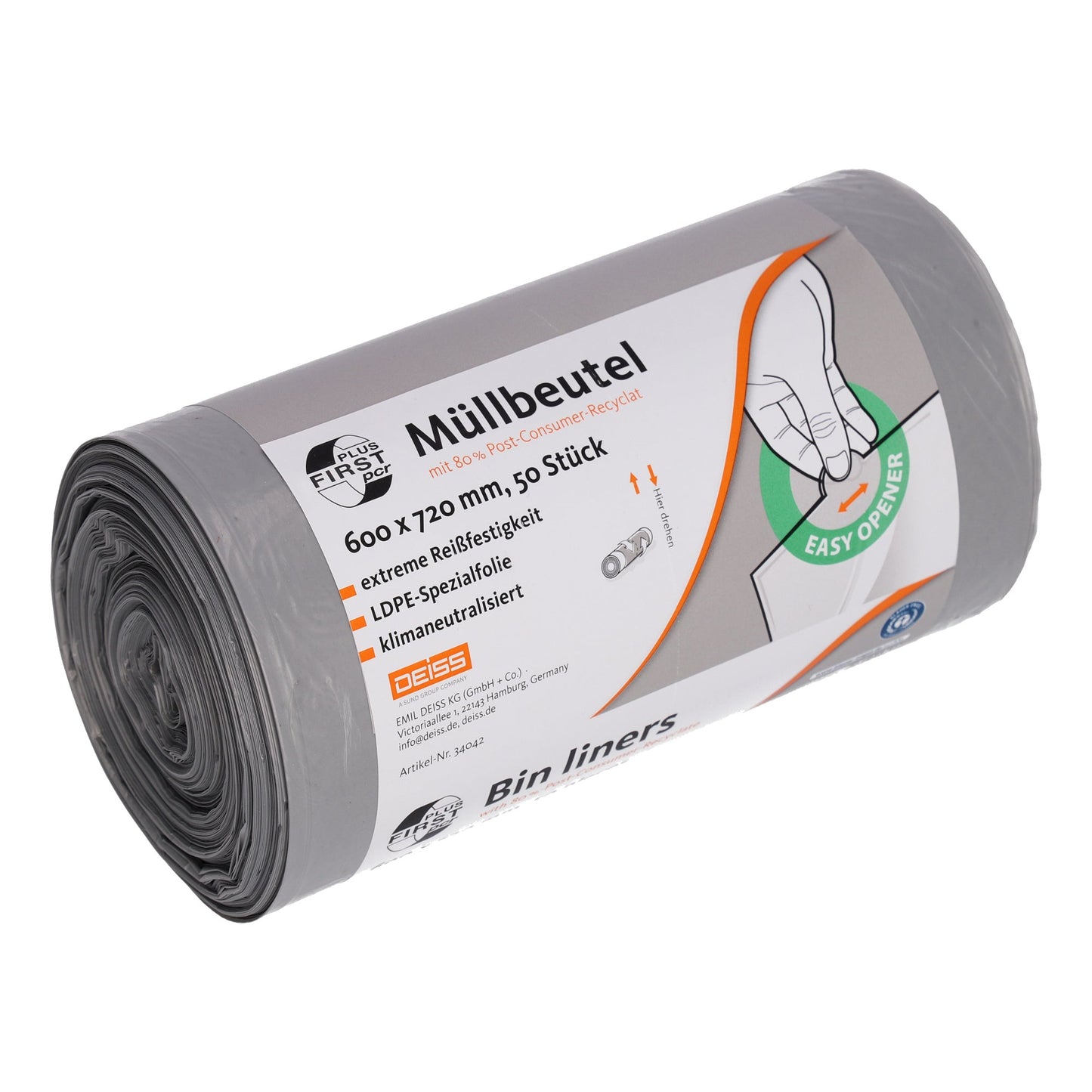 FIRST PLUS Müllbeutel 60 x 72 cm (B x H) 60l LDPE, 80 % recycelt grau 50 St./Pack.