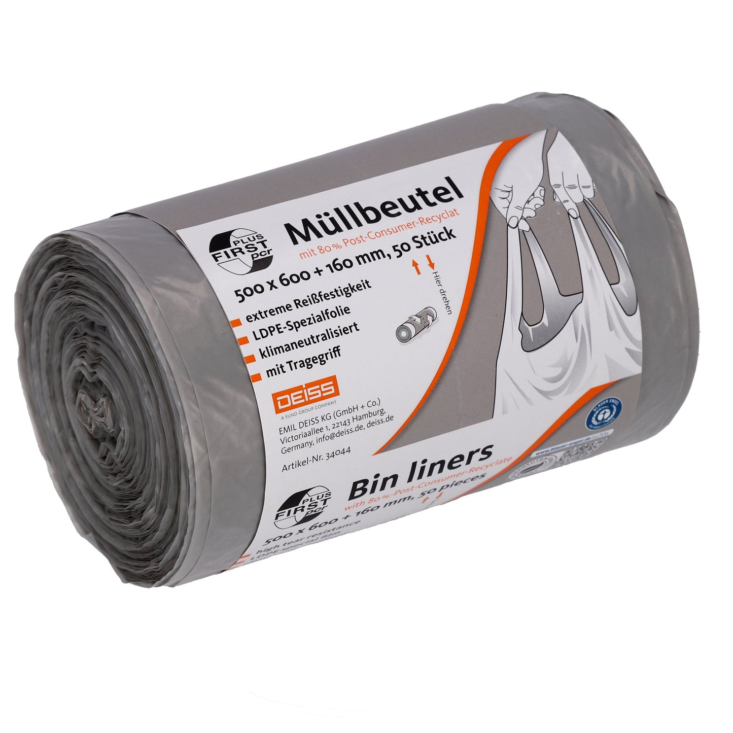 FIRST PLUS Müllbeutel 50 x 60+16 cm (B x H) 30l LDPE, 80 % recycelt grau 50 St./Pack.