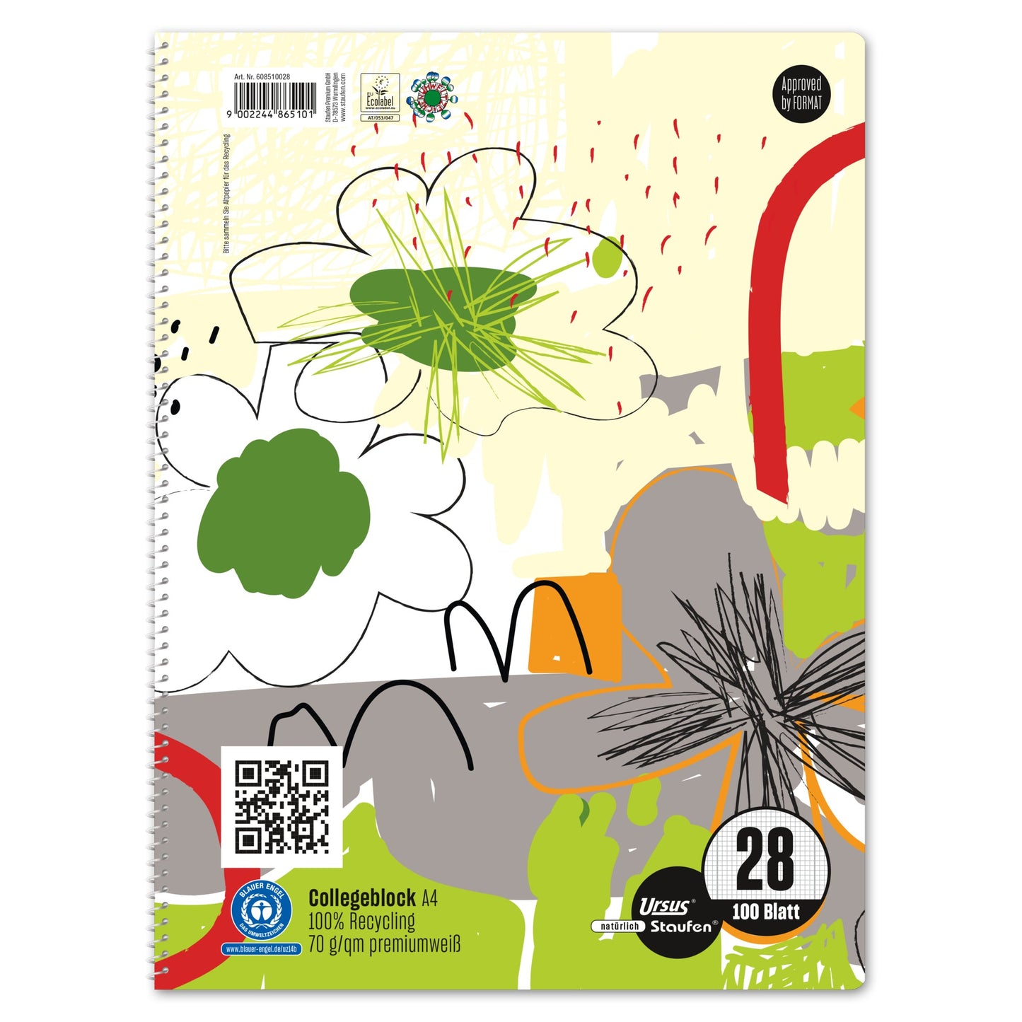 Staufen Collegeblock Style DIN A4 kariert mit Rand innen/außen 70g/m² 100 % Recyclingpapier farbig sortiert (freie Farbauswahl nicht möglich) 100 Bl.