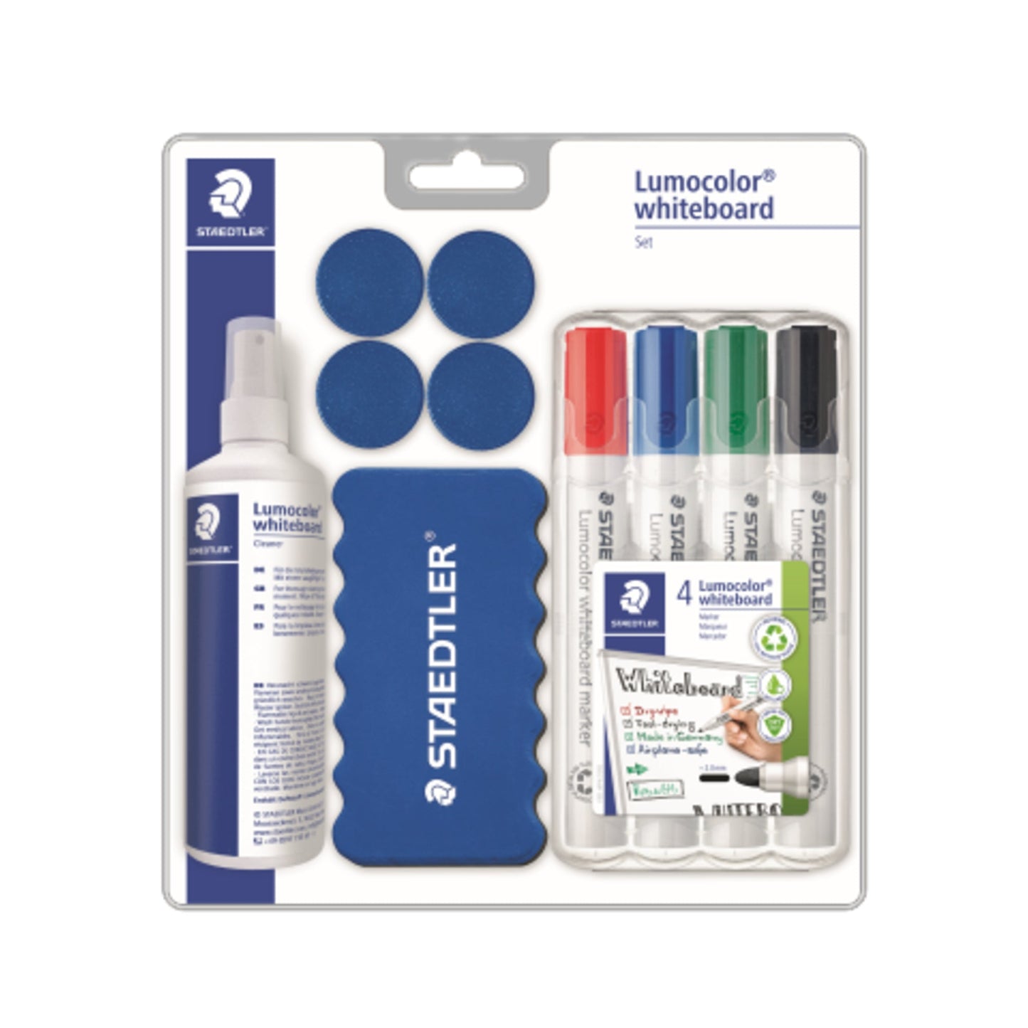 STAEDTLER® Starterset Whiteboard Lumocolor® 4 Boardmarker Nr. 351 (schwarz, rot, blau, grün), 1 magnetischer Tafelwischer, 1 Reinigungsspray (125 ml), 4 Magnete