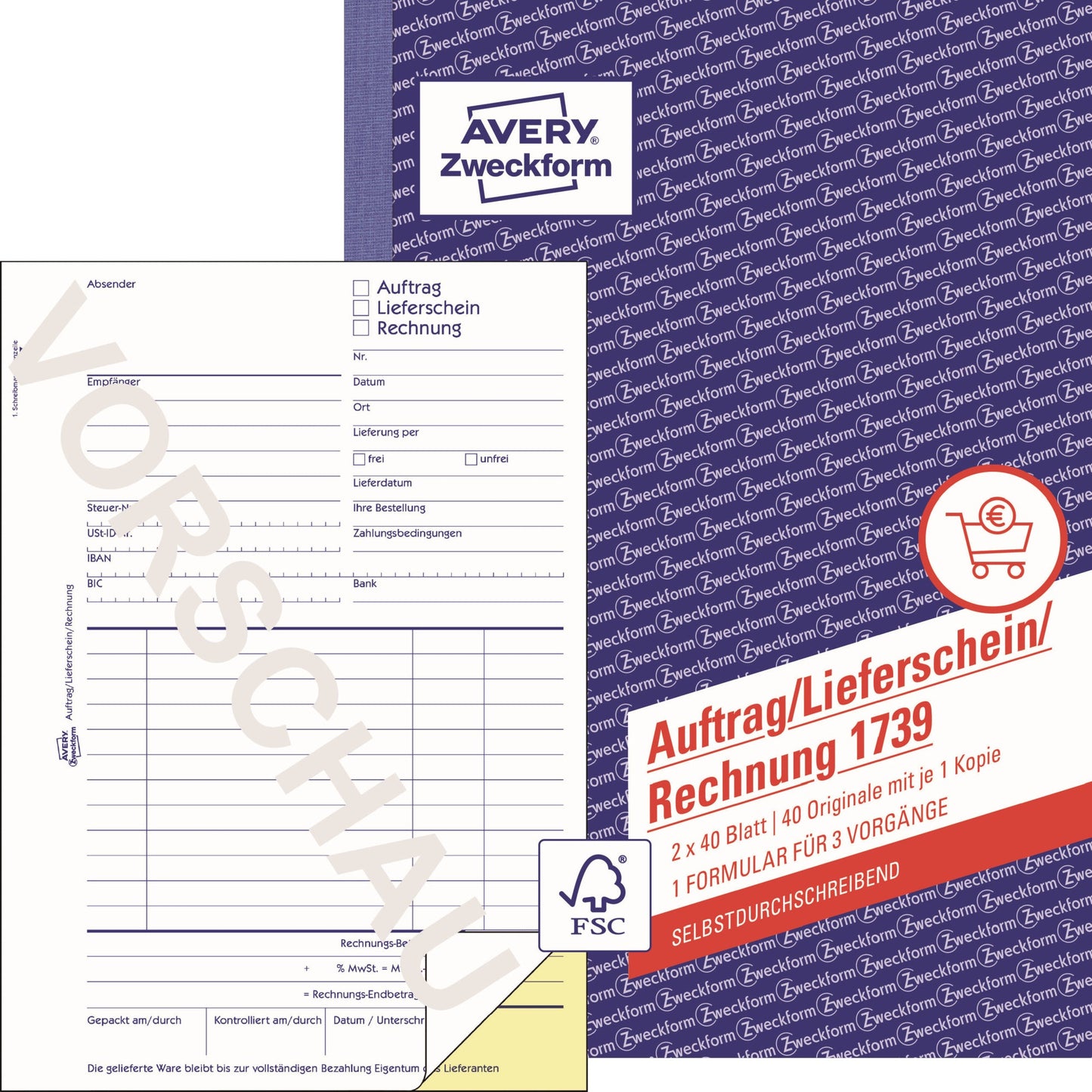 Avery Zweckform Auftrag/Lieferschein/Rechnungsformular 1739 DIN A5 51g/m² selbstdurchschreibend 1 Durchschlag handschriftlich, Schreibmaschine 2 x 40 Bl.