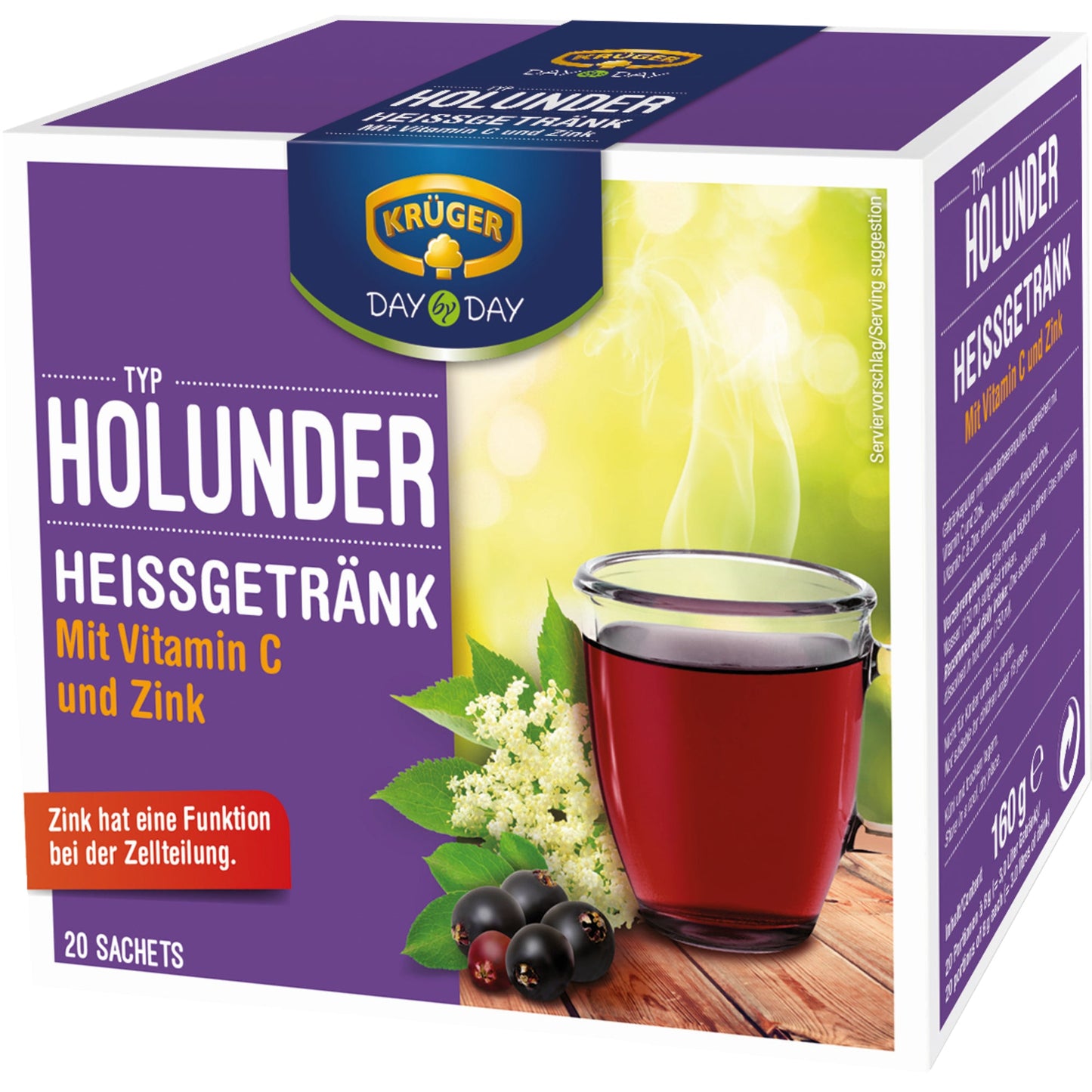 KRÜGER DAY by DAY Nahrungsergänzungsmittel Heißgetränk Vitamin C, Zink Holunder 20 x 8 g/Pack.
