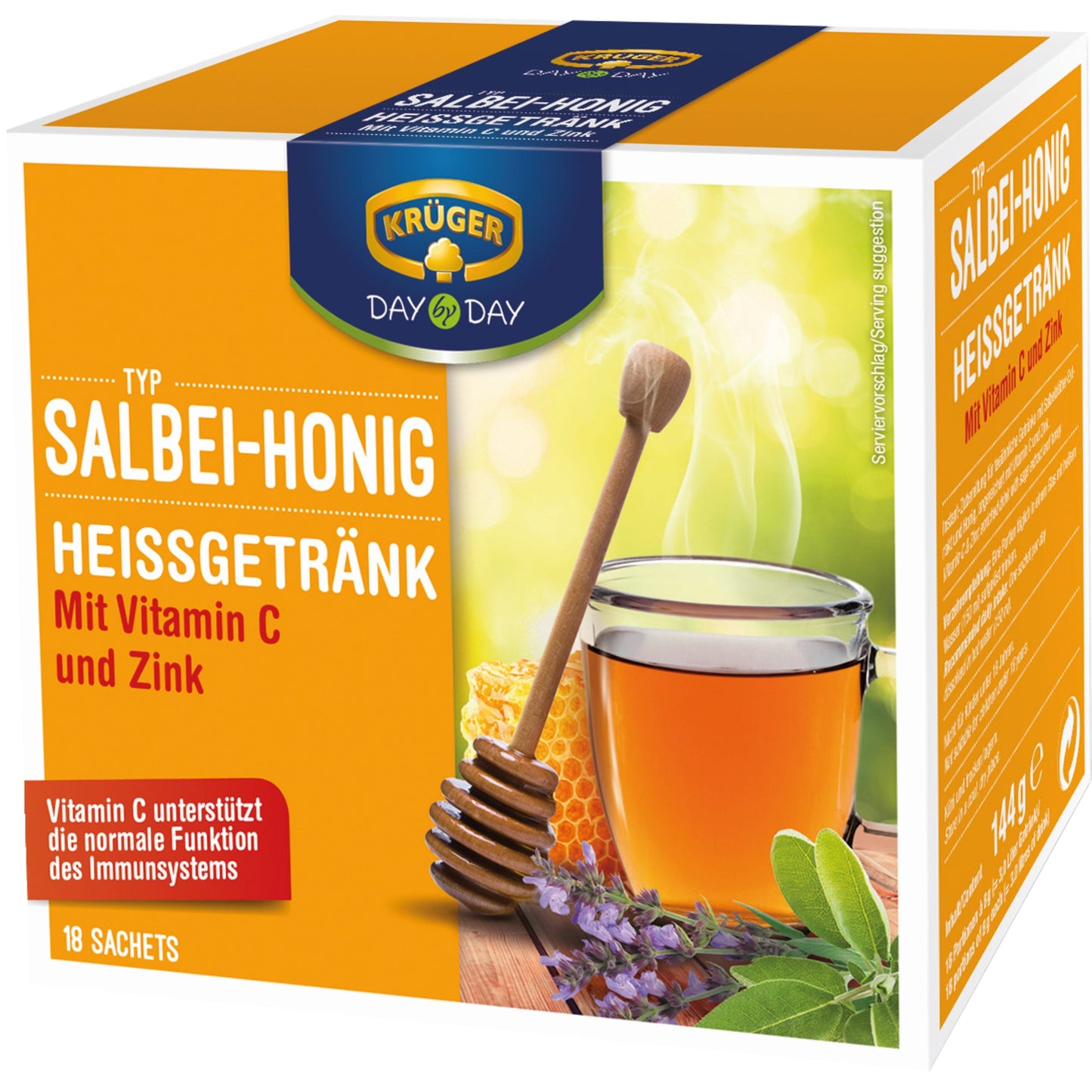 KRÜGER DAY by DAY Nahrungsergänzungsmittel Heißgetränk Vitamin C, Zink Salbei-Honig 8 x 18 g/Pack.