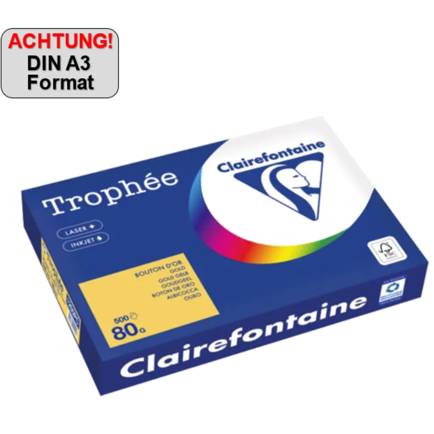 Clairefontaine Kopierpapier Trophée Color DIN A3 80g/m² elementar chlorfrei gebleicht, holzfrei goldgelb 500 Bl./Pack.