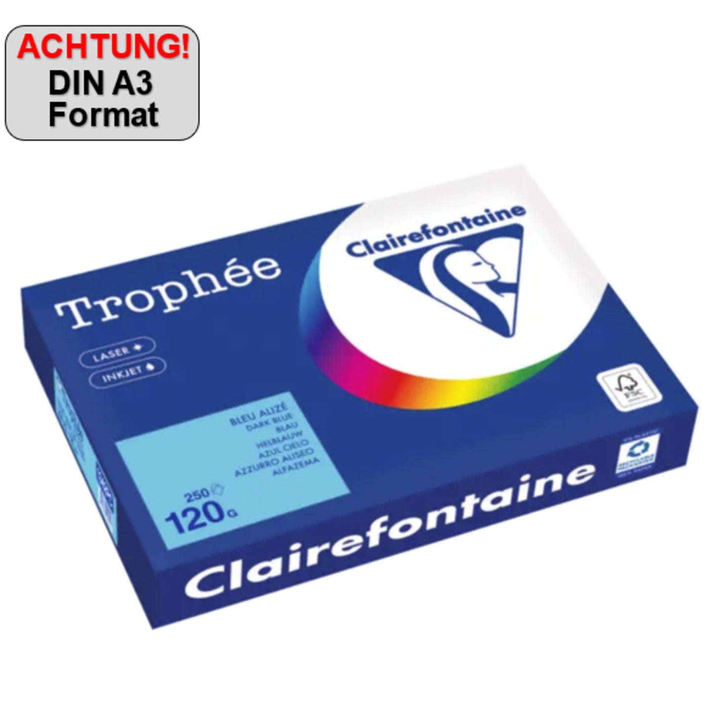 Clairefontaine Kopierpapier Trophée Color DIN A3 120g/m² elementar chlorfrei gebleicht, holzfrei blau 250 Bl./Pack.