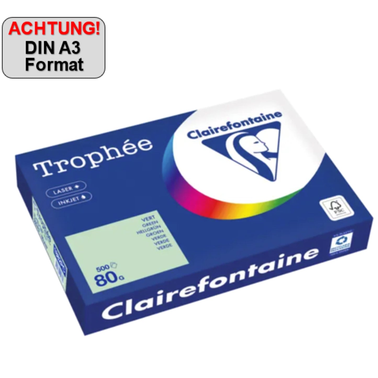 Clairefontaine Kopierpapier Trophée Color DIN A3 80g/m² elementar chlorfrei gebleicht, holzfrei hellgrün 500 Bl./Pack.