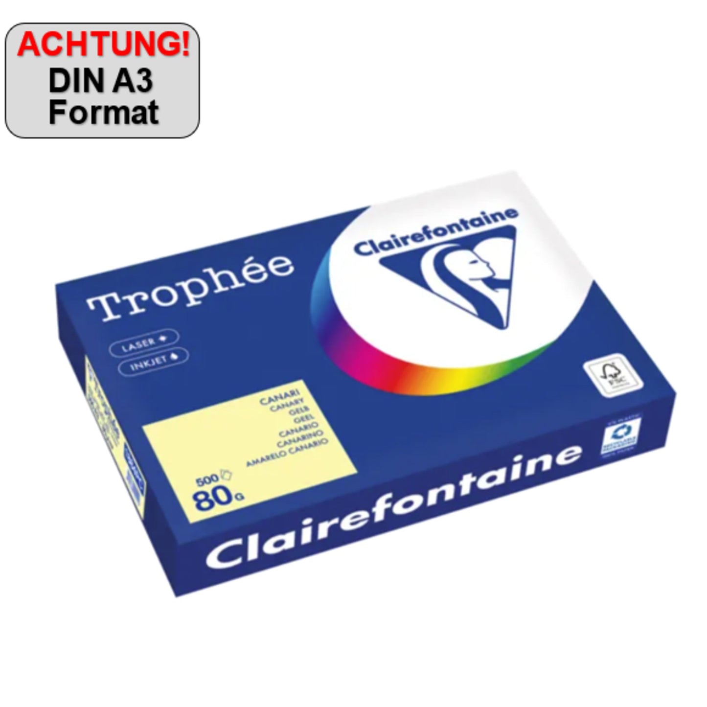 Clairefontaine Kopierpapier Trophée Color DIN A3 80g/m² elementar chlorfrei gebleicht, holzfrei gelb 500 Bl./Pack.