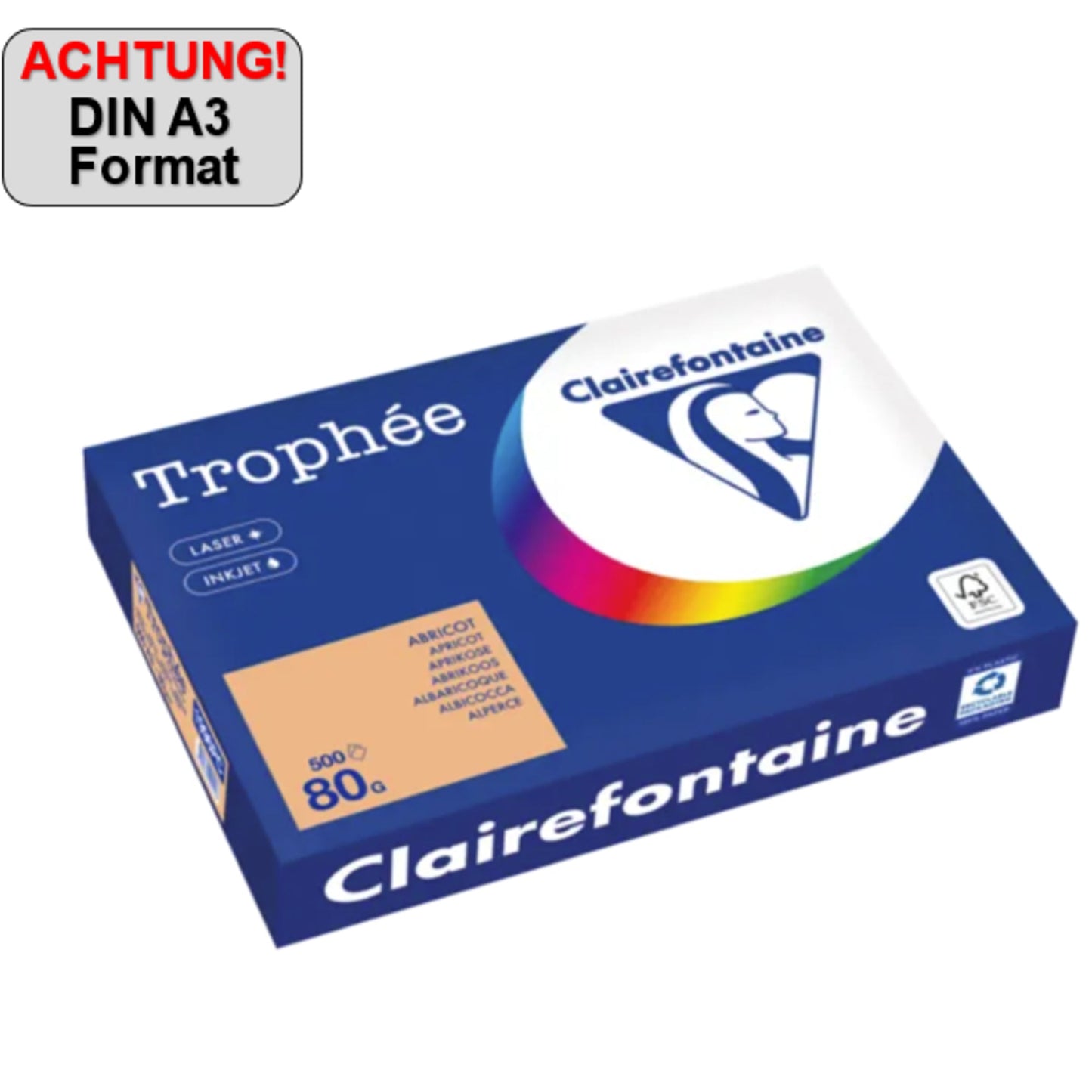 Clairefontaine Kopierpapier Trophée Color DIN A3 80g/m² elementar chlorfrei gebleicht, holzfrei aprikose 500 Bl./Pack.