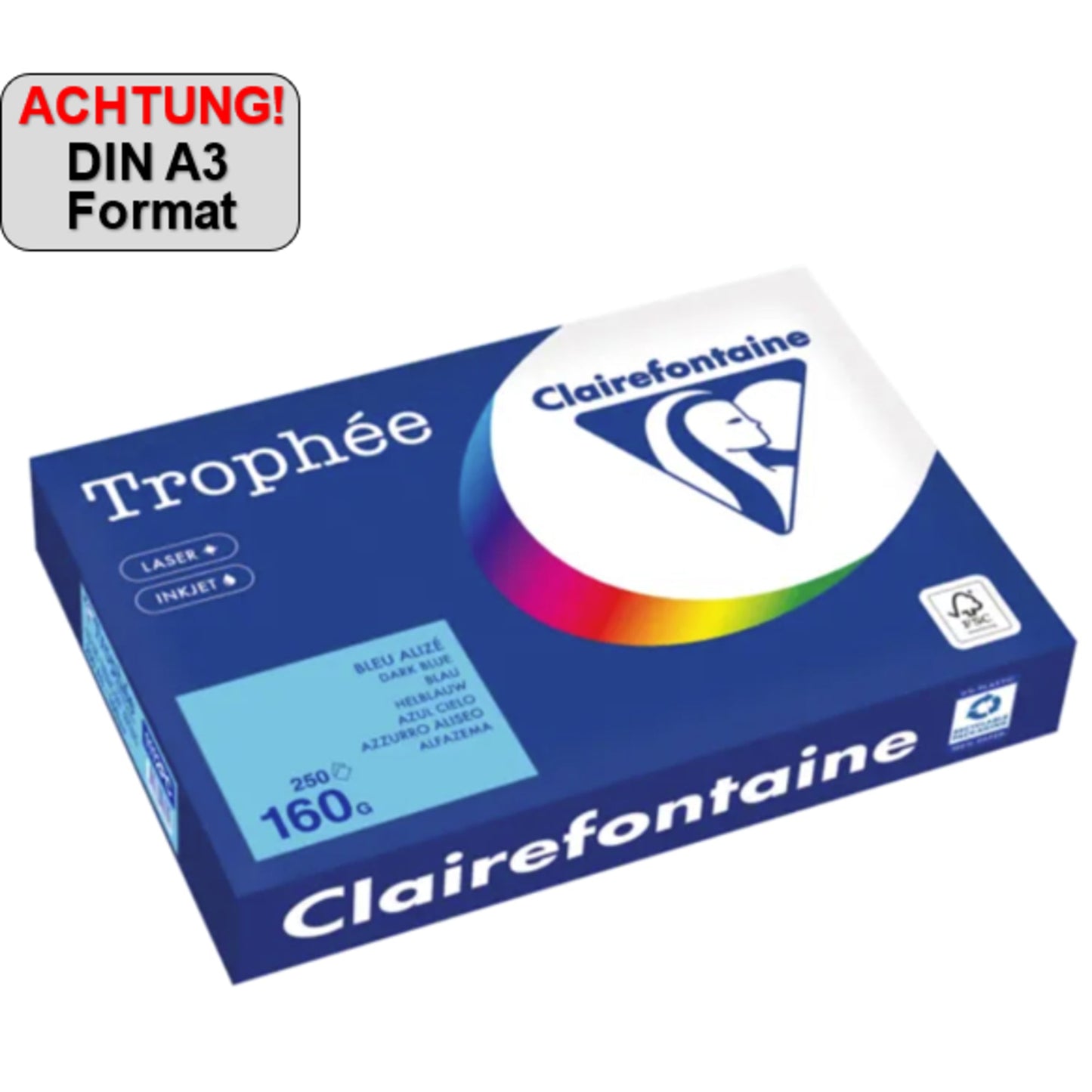 Clairefontaine Kopierpapier Trophée Color DIN A3 160g/m² elementar chlorfrei gebleicht, holzfrei blau 250 Bl./Pack.