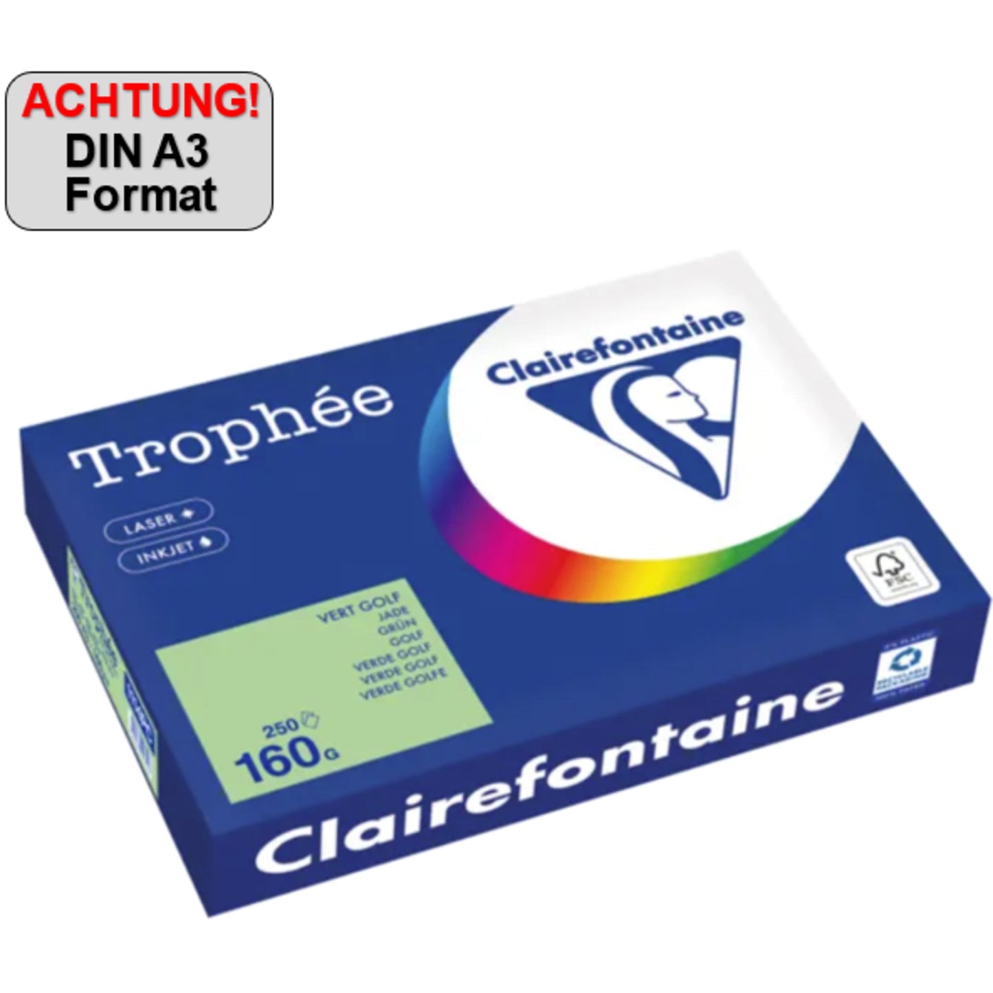 Clairefontaine Kopierpapier Trophée Color DIN A3 160g/m² elementar chlorfrei gebleicht, holzfrei grün 250 Bl./Pack.