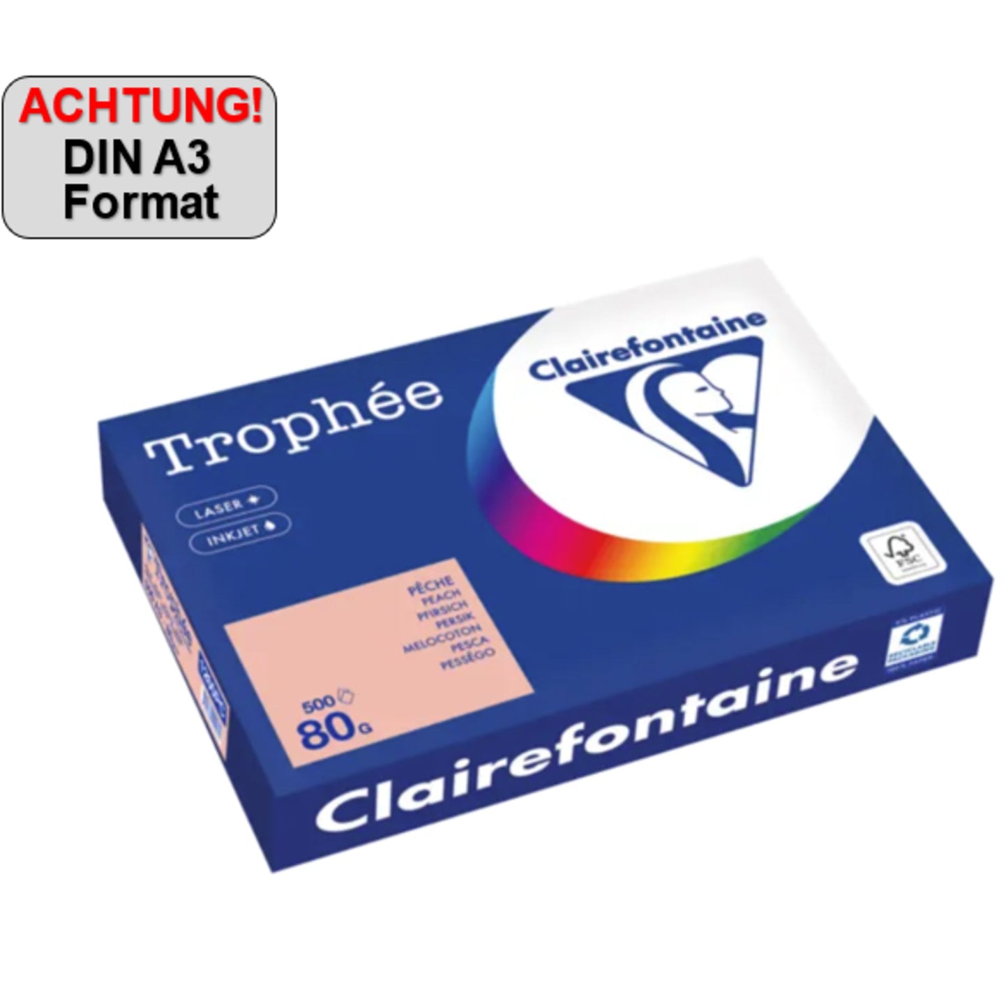 Clairefontaine Kopierpapier Trophée Color DIN A3 80g/m² elementar chlorfrei gebleicht, holzfrei pfirsich 500 Bl./Pack.