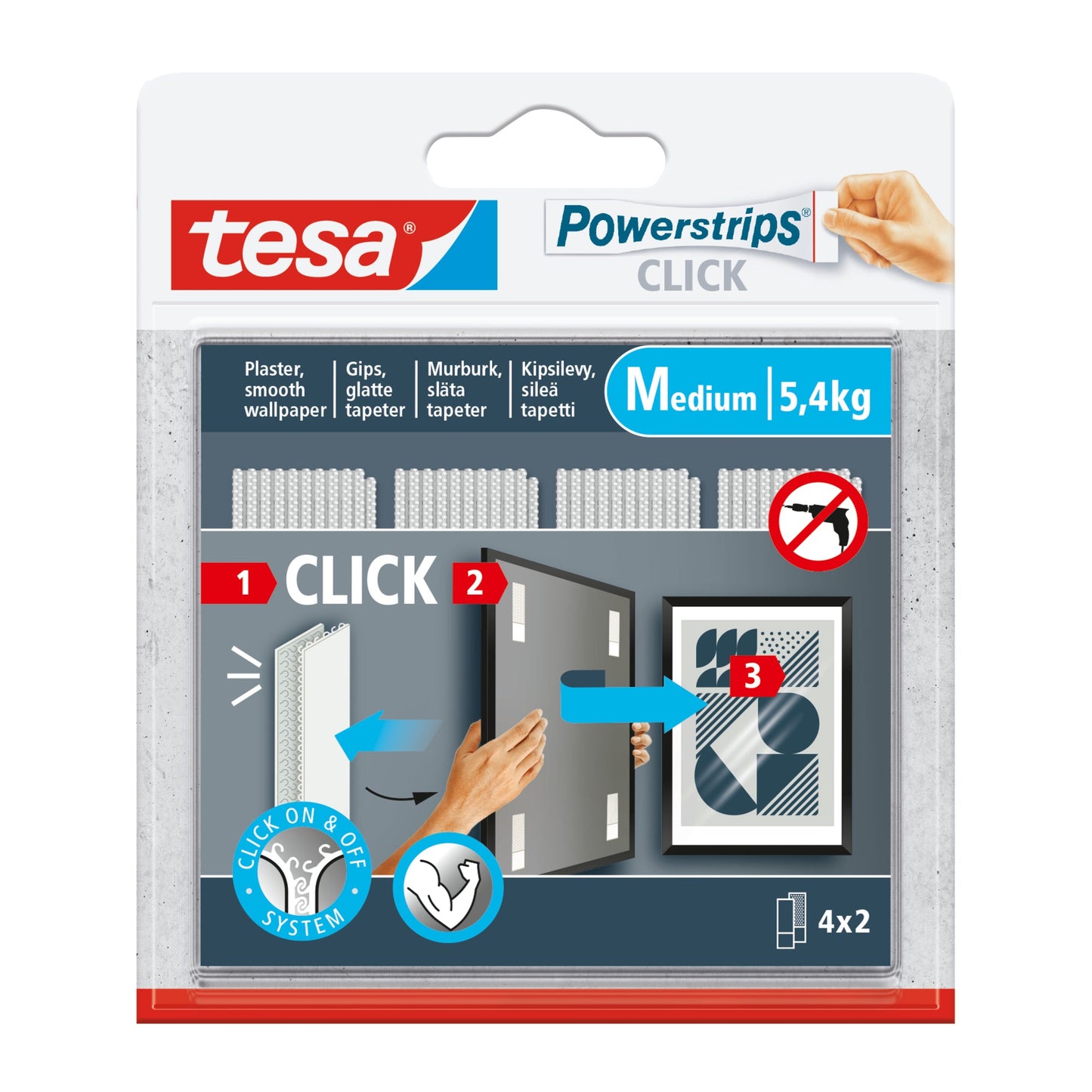 tesa® Klebepad Powerstrips® Click Medium Wanddekoration Innenbereich 2 x 8 cm (B x L) weiß 4 x 2 St./Pack.