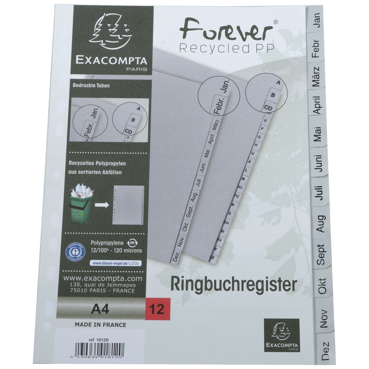 Exacompta Monatsregister Forever® 22,5 x 29,7 cm (B x H) DIN A4 Jan.-Dez. Polypropylen grau 12 Registerblätter
