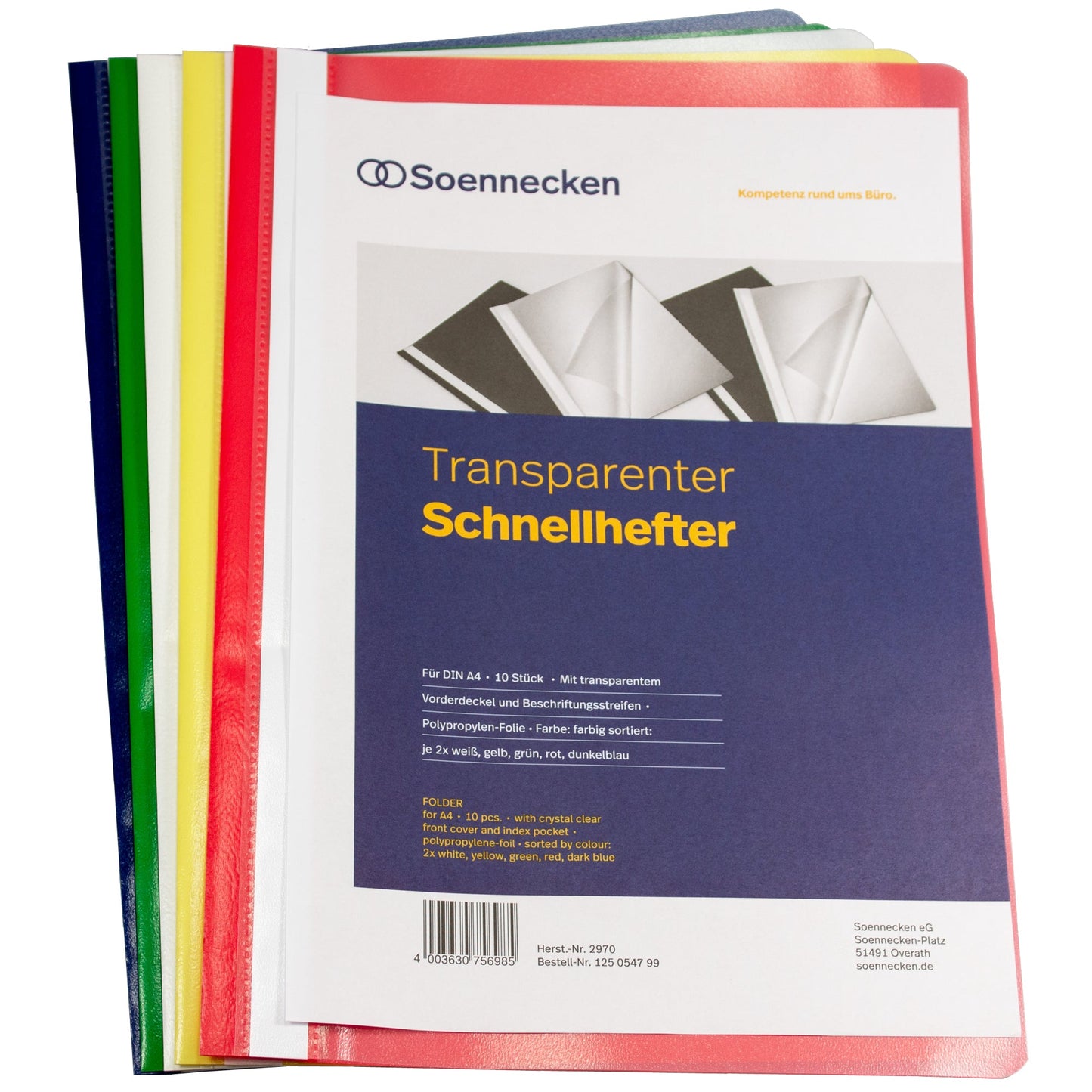Soennecken Schnellhefter DIN A4 Polypropylen je 2 x weiß, gelb, grün, rot, dunkelblau 10 St./Pack.