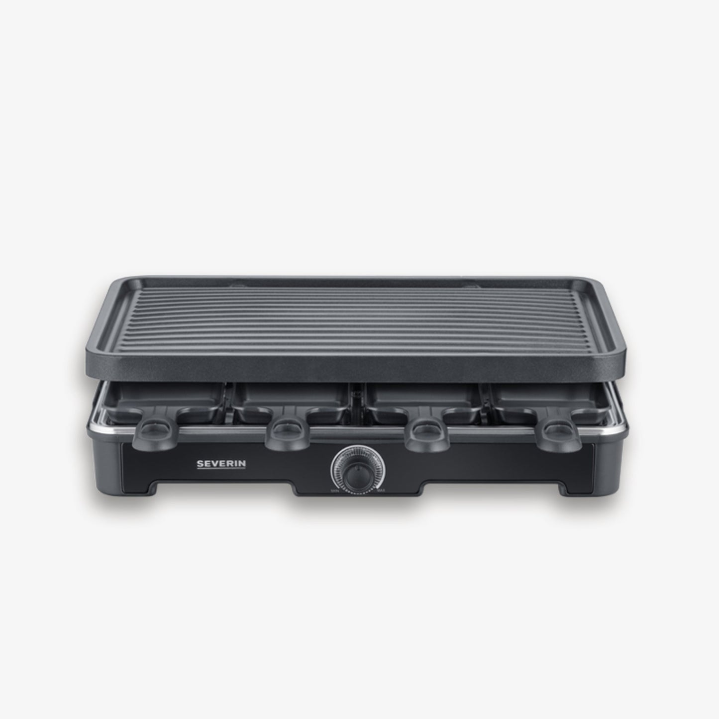 SEVERIN Raclette Grill 9670 Maße: 42 x 12 x 28 cm (B x H x T) Maße der Grillfläche: 42 x 26 cm (B x T) 1.400W inkl. 8 Pfännchen, 8 Spatel Kunststoff