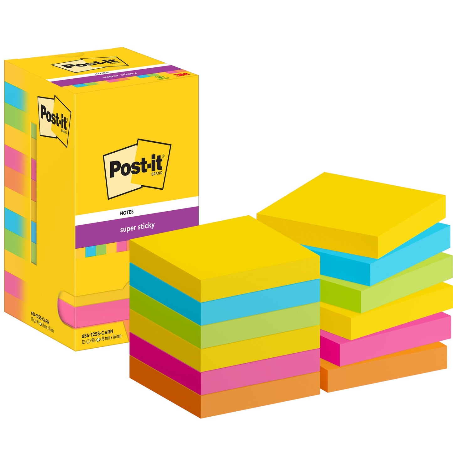Post-it® Haftnotiz Super Sticky Notes Carnival Collection 76 x 76 mm (B x H) ultragelb, paradiseblau, limonengrün, powerpink, vitalorange 90 Bl./Block 12 Block/Pack.