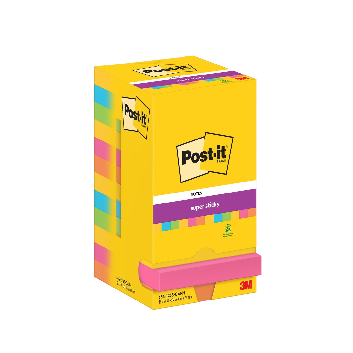 Post-it® Haftnotiz Super Sticky Notes Carnival Collection 76 x 76 mm (B x H) ultragelb, paradiseblau, limonengrün, powerpink, vitalorange 90 Bl./Block 12 Block/Pack.