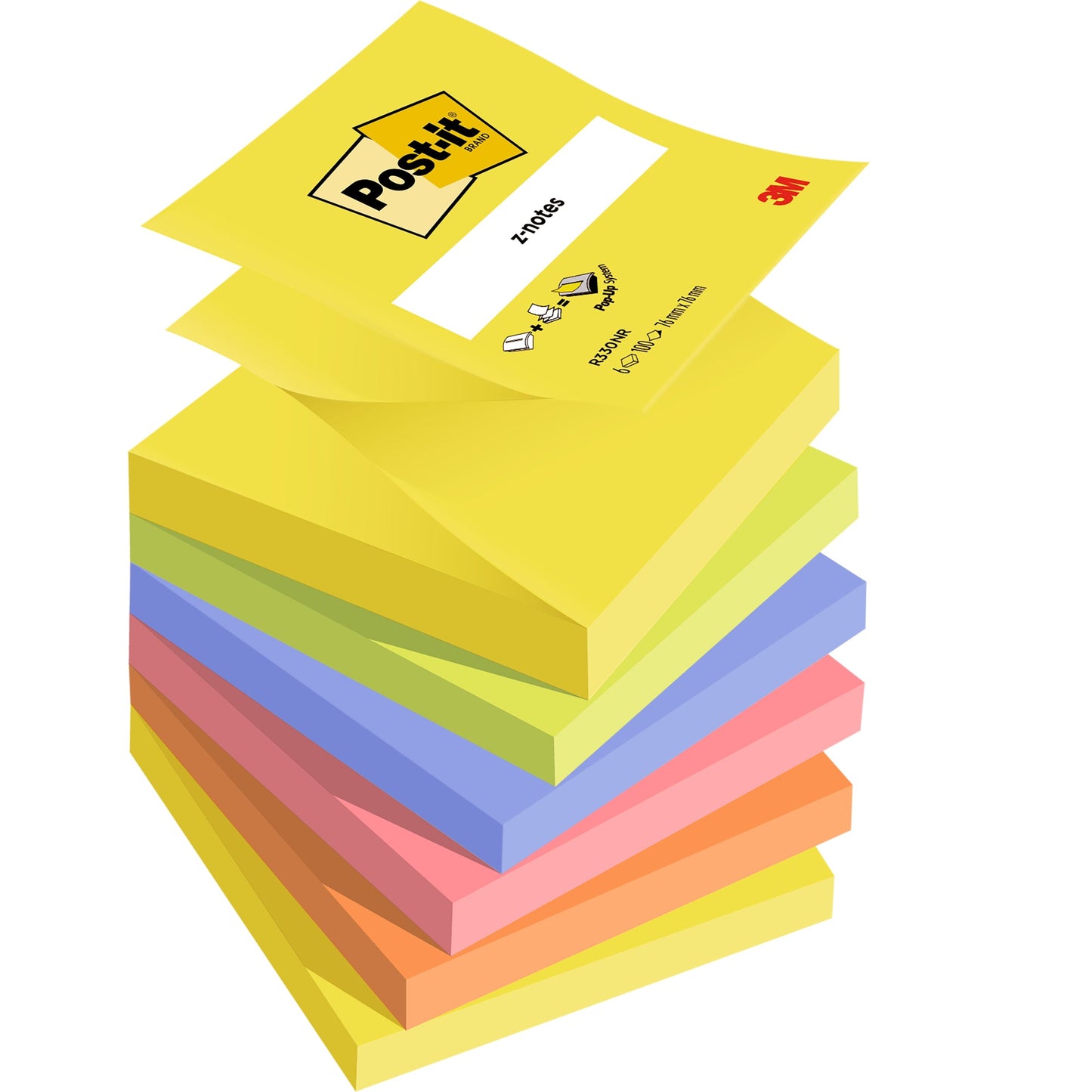 Post-it® Haftnotiz Z-Notes Neon 76 x 76 mm (B x H) farbig sortiert 100 Bl./Block 6 Block/Pack.