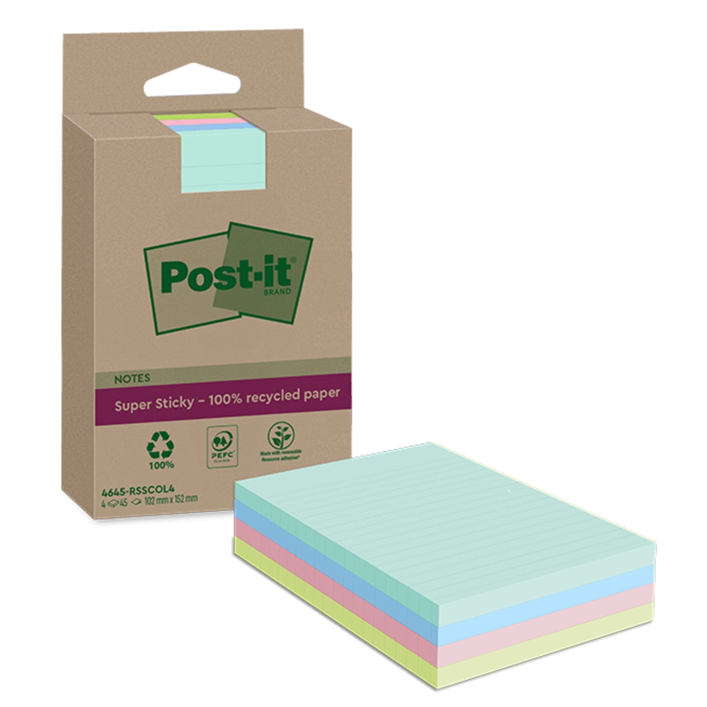 Post-it® Haftnotiz Recycling Notes Super Sticky 102 x 152 mm (B x H) je 1x mint, denimblau, rosa, limonengrün 45 Bl./Block 4 Block/Pack.
