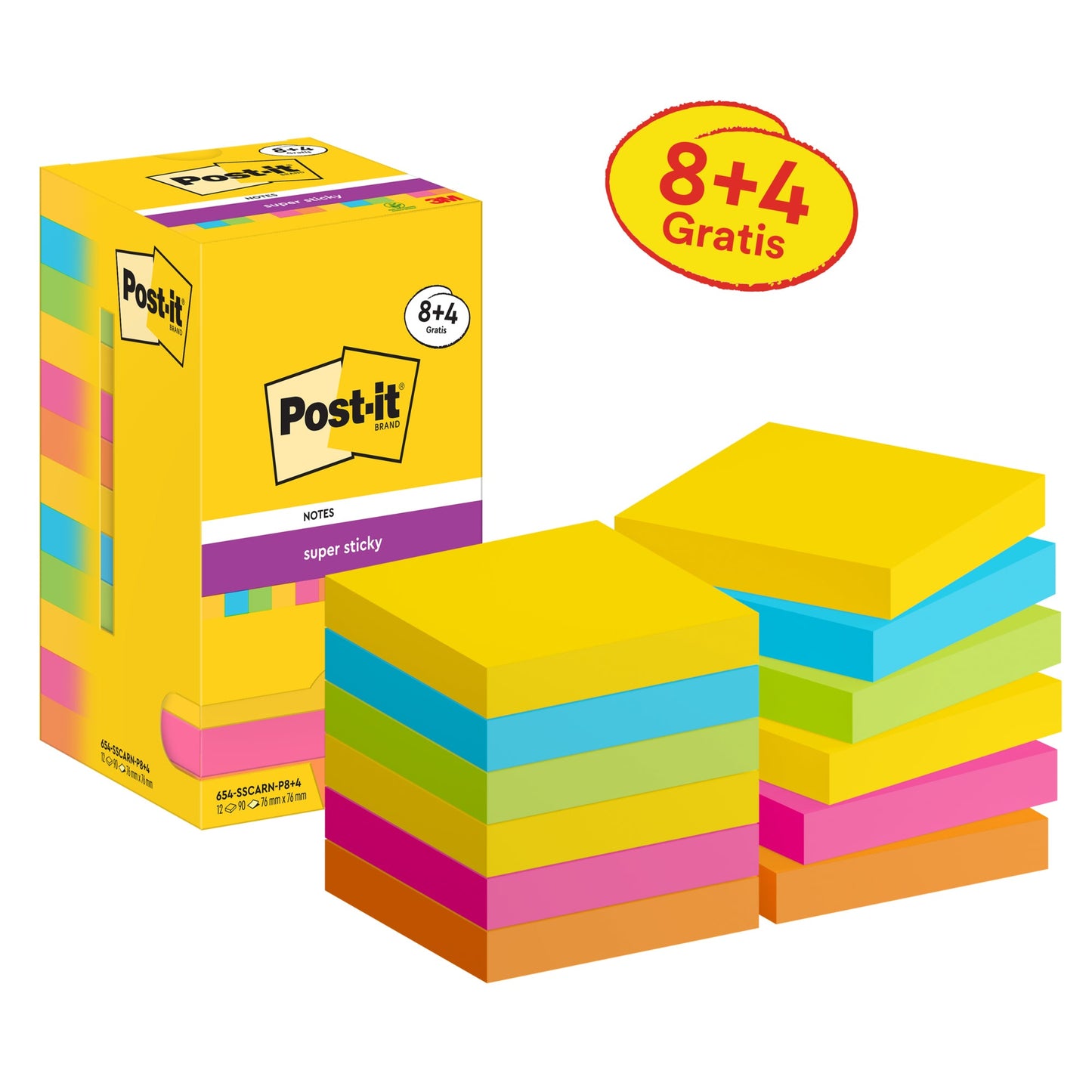 Post-it® Haftnotiz Super Sticky Notes Carnival Collection 76 x 76 mm (B x H) ultragelb, paradiseblau, limonengrün, powerpink, vitalorange 90 Bl./Block 12 Block/Pack.
