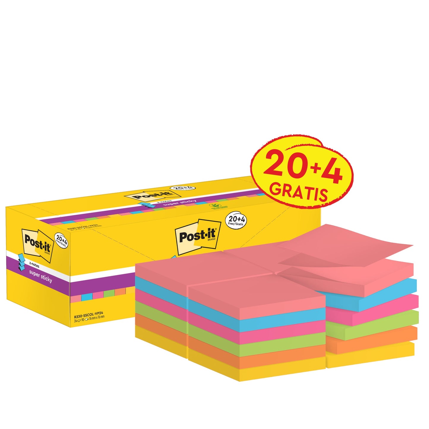 Post-it® Haftnotiz Super Sticky Z-Notes Promotion 76 x 76 mm (B x H) farbig sortiert 90 Bl./Block 20 Block/Pack.