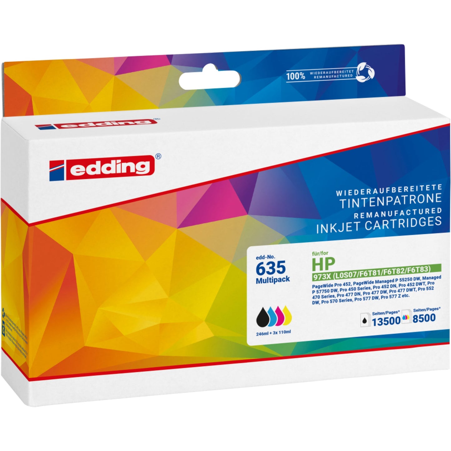 edding Tintenpatrone kein Originalzubehör Kompatibel mit: HP 973X EDD-635 ca. 13.500 Seiten schwarz, ca. 8.500 Seiten farbig schwarz, mehrfarbig 4 St./Pack.