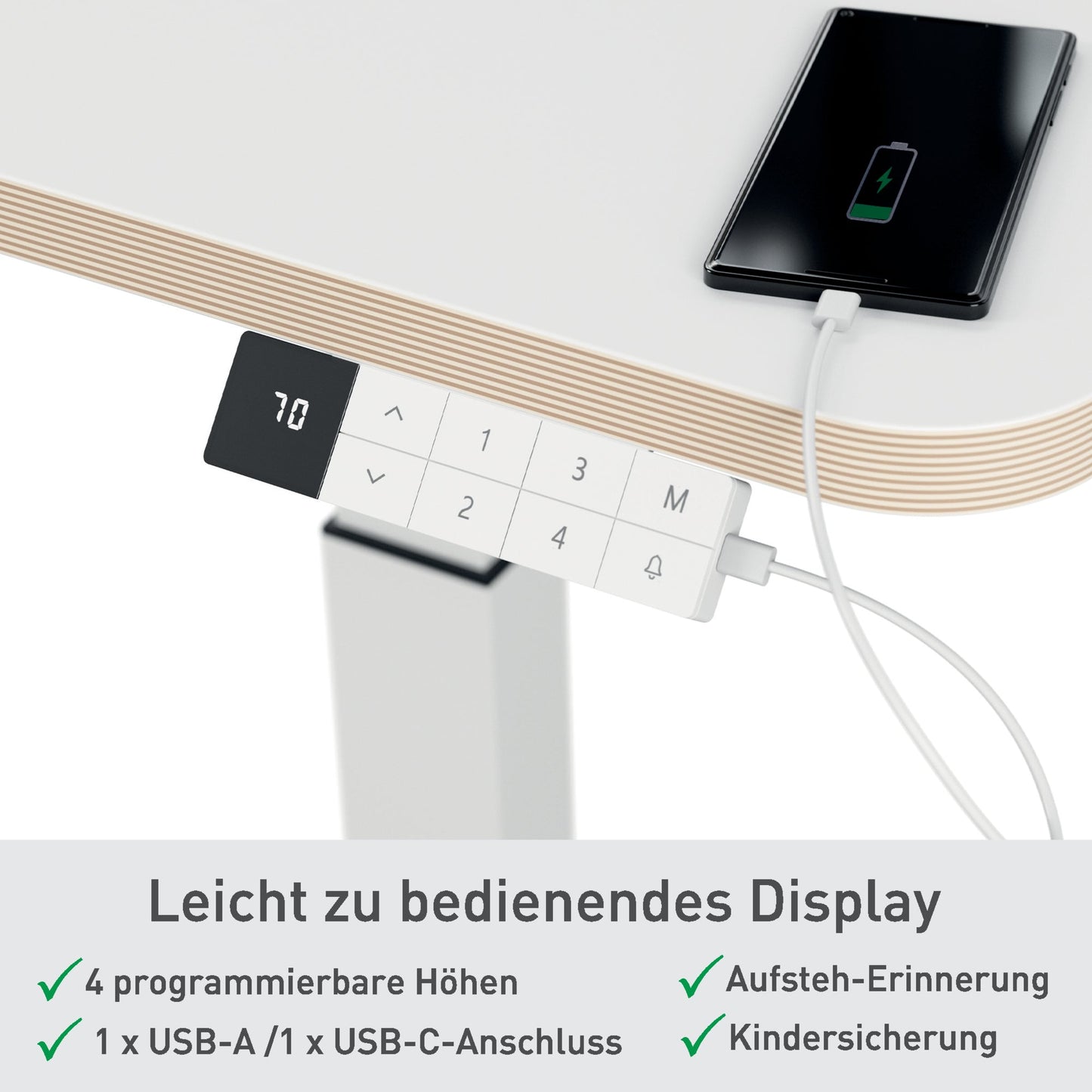 Leitz Schreibtisch Ergo Maße: 600 x 650-1.300 x 800 mm (B x H x T) Spanplatte weiß