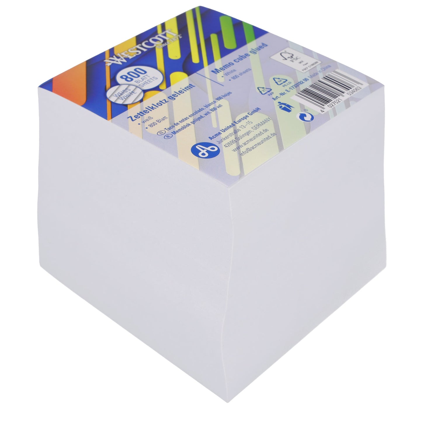 Westcott Zettelklotz 9 x 9 x 9 cm (B x H x T) 80g/m² weiß 800 Bl.