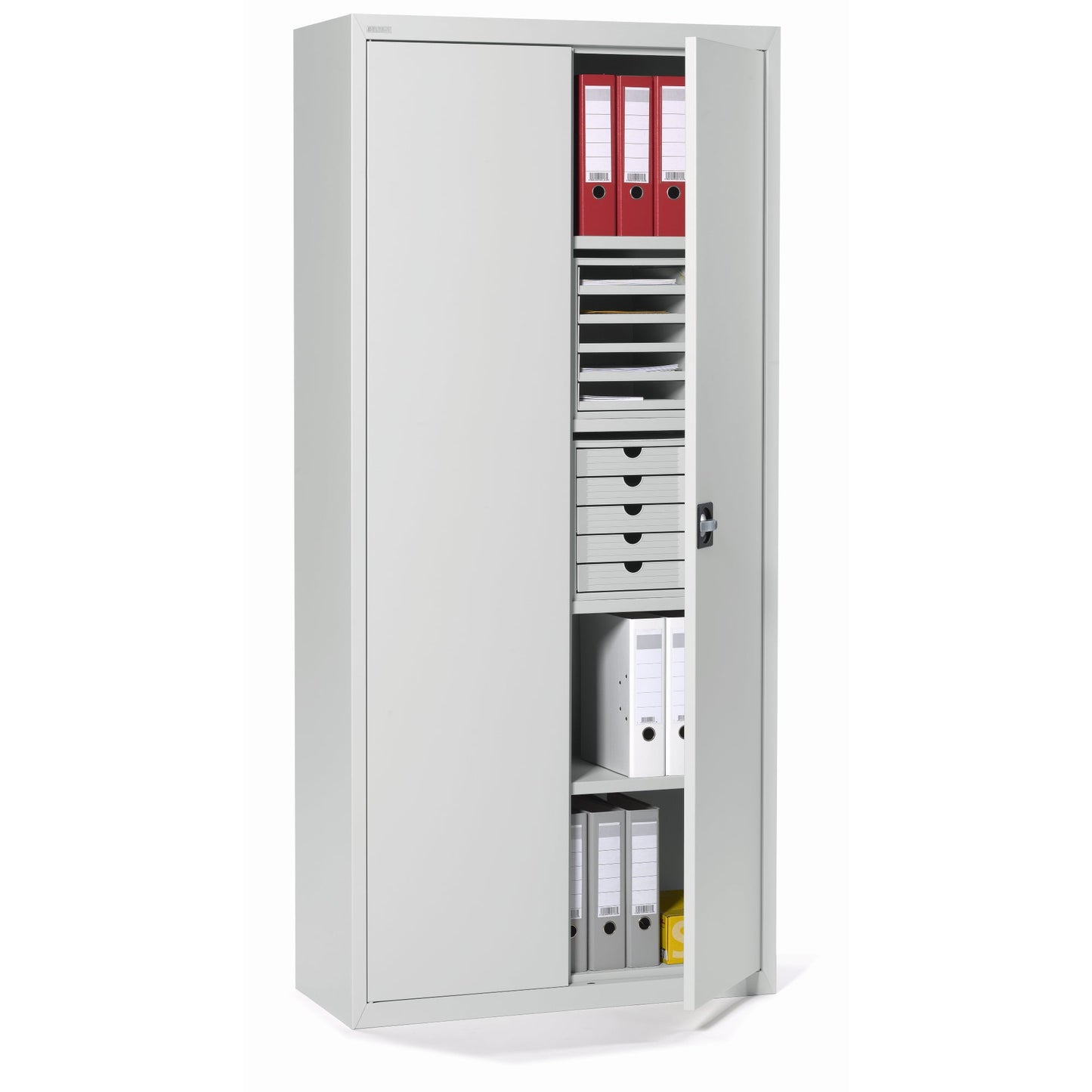 Flügeltürenschrank 920 x 1.950 x 420 mm (B x H x T) 4 Fachböden Stahl, pulverbeschichtet Farbe der Front: lichtrgrau Farbe des Korpus: lichtgrau